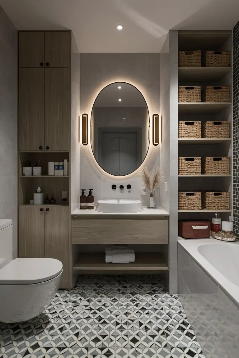 Modern bathroom with built-in cabinets, floating shelves, and stylish baskets.