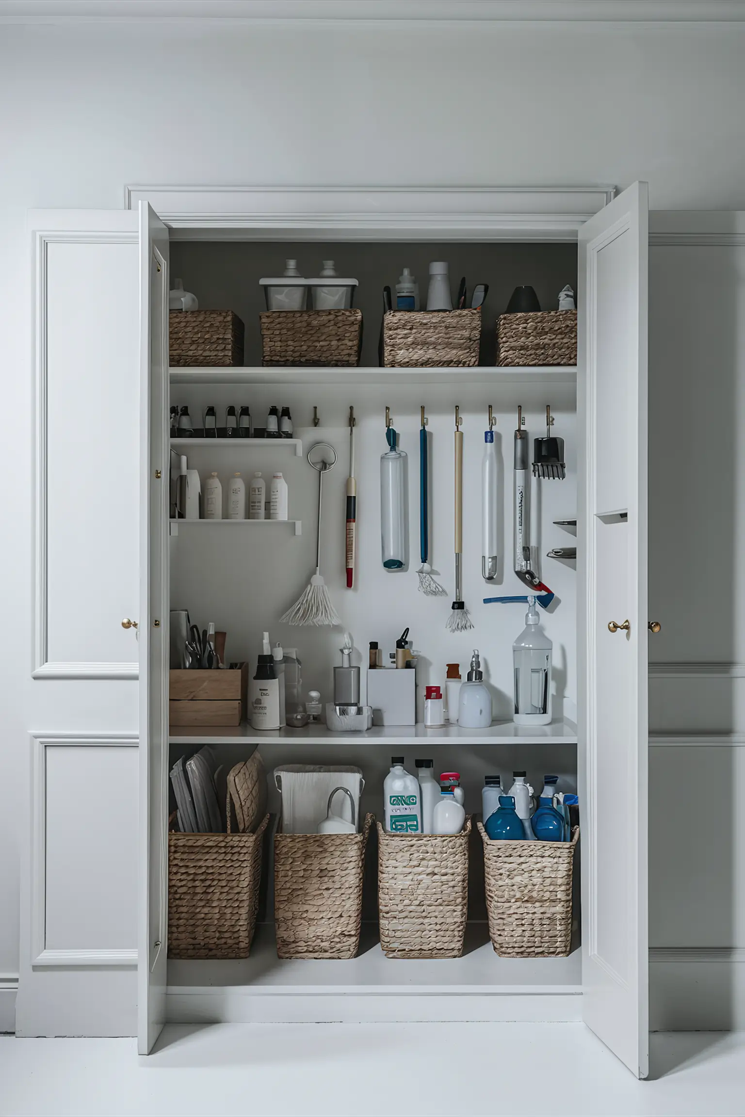 Neatly organized cleaning closet with hooks and baskets.