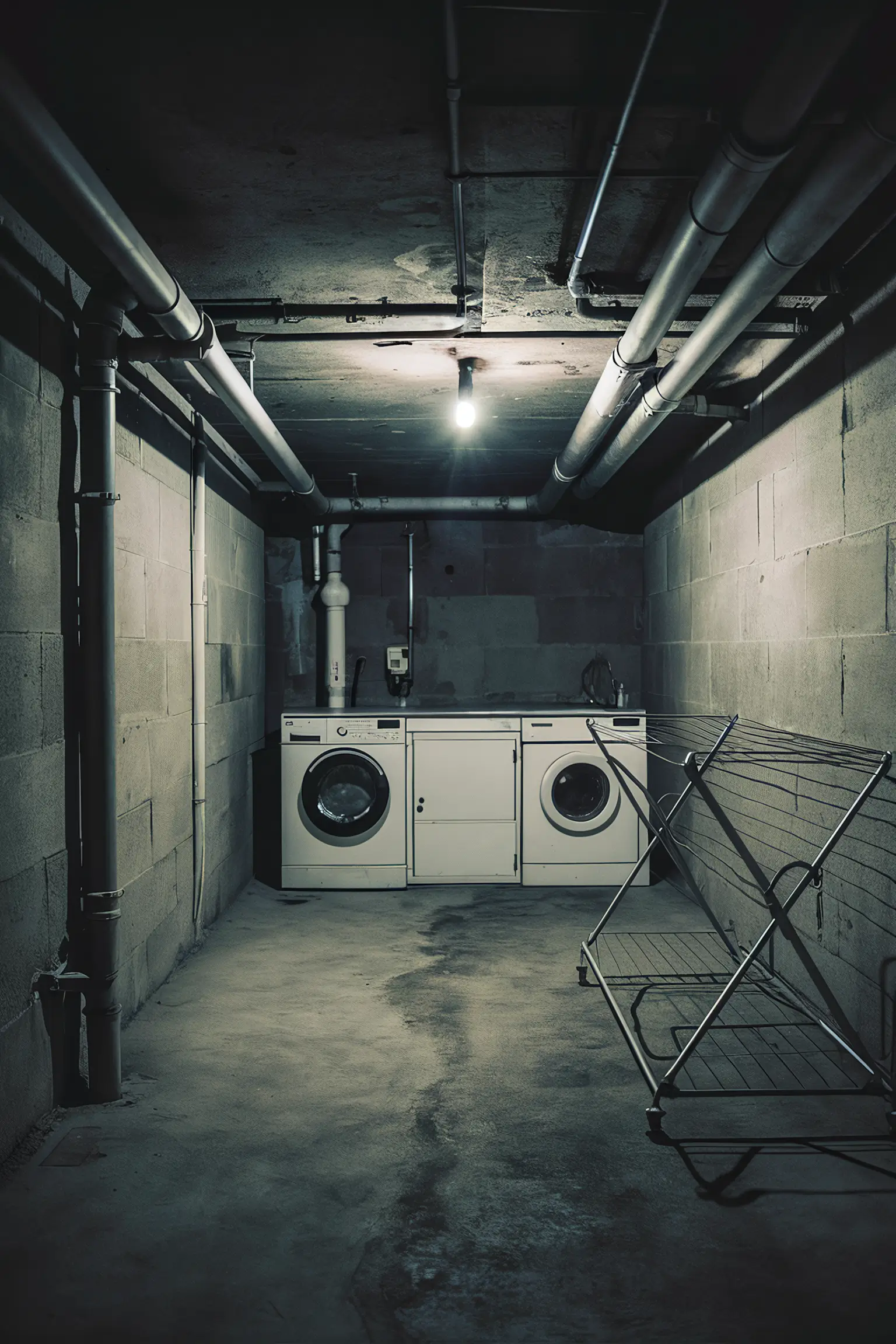 Unfinished basement laundry room with exposed pipes and basic appliances.