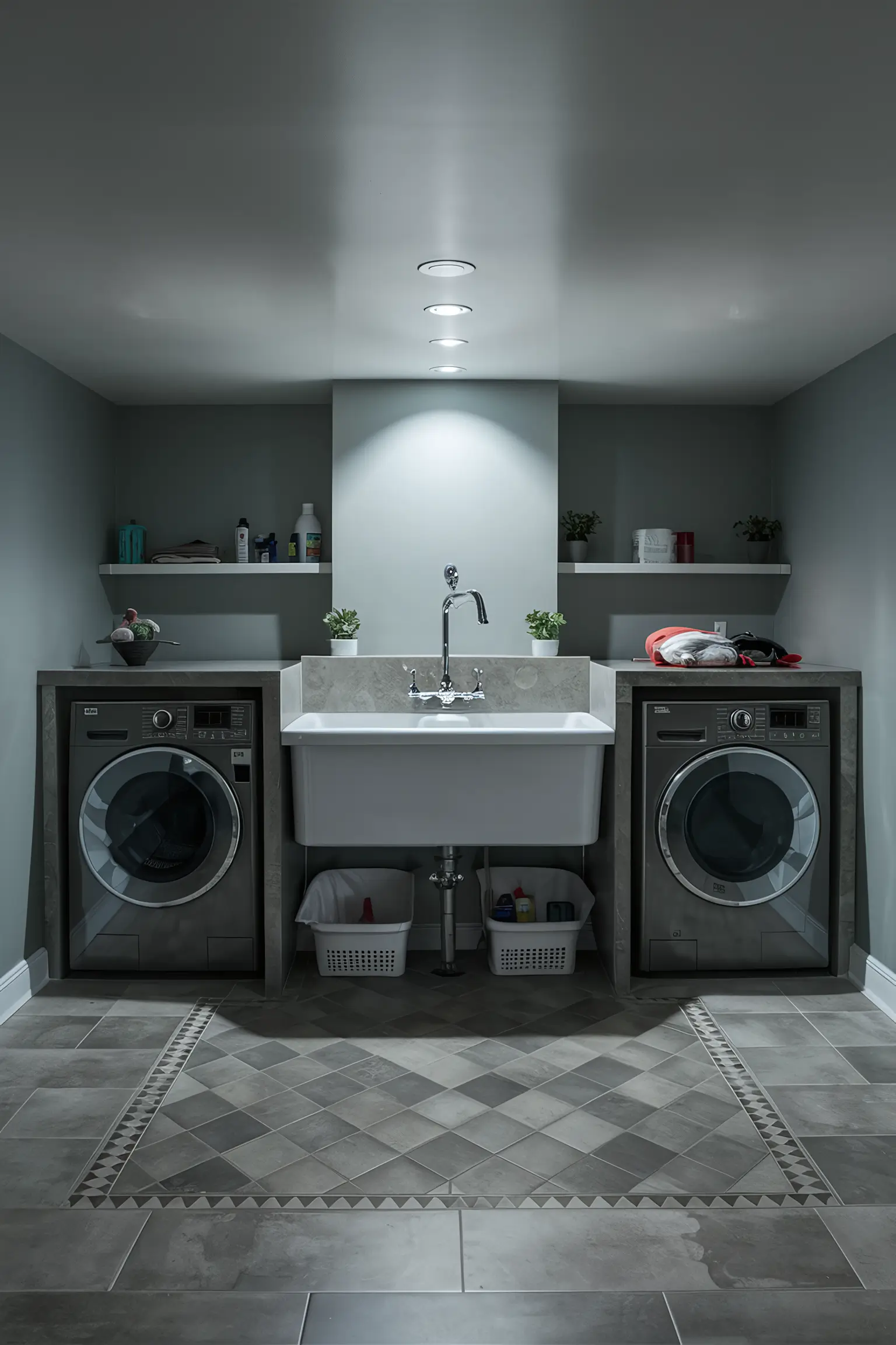 Functional basement laundry room with a large utility sink and modern appliances.