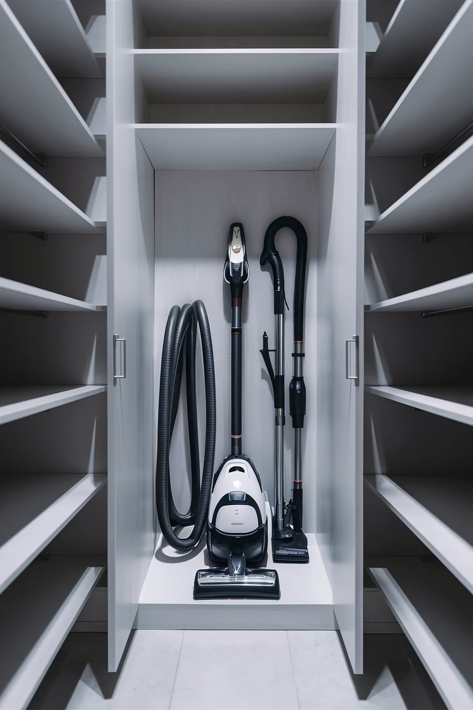Cleaning closet with a designated vacuum storage area.