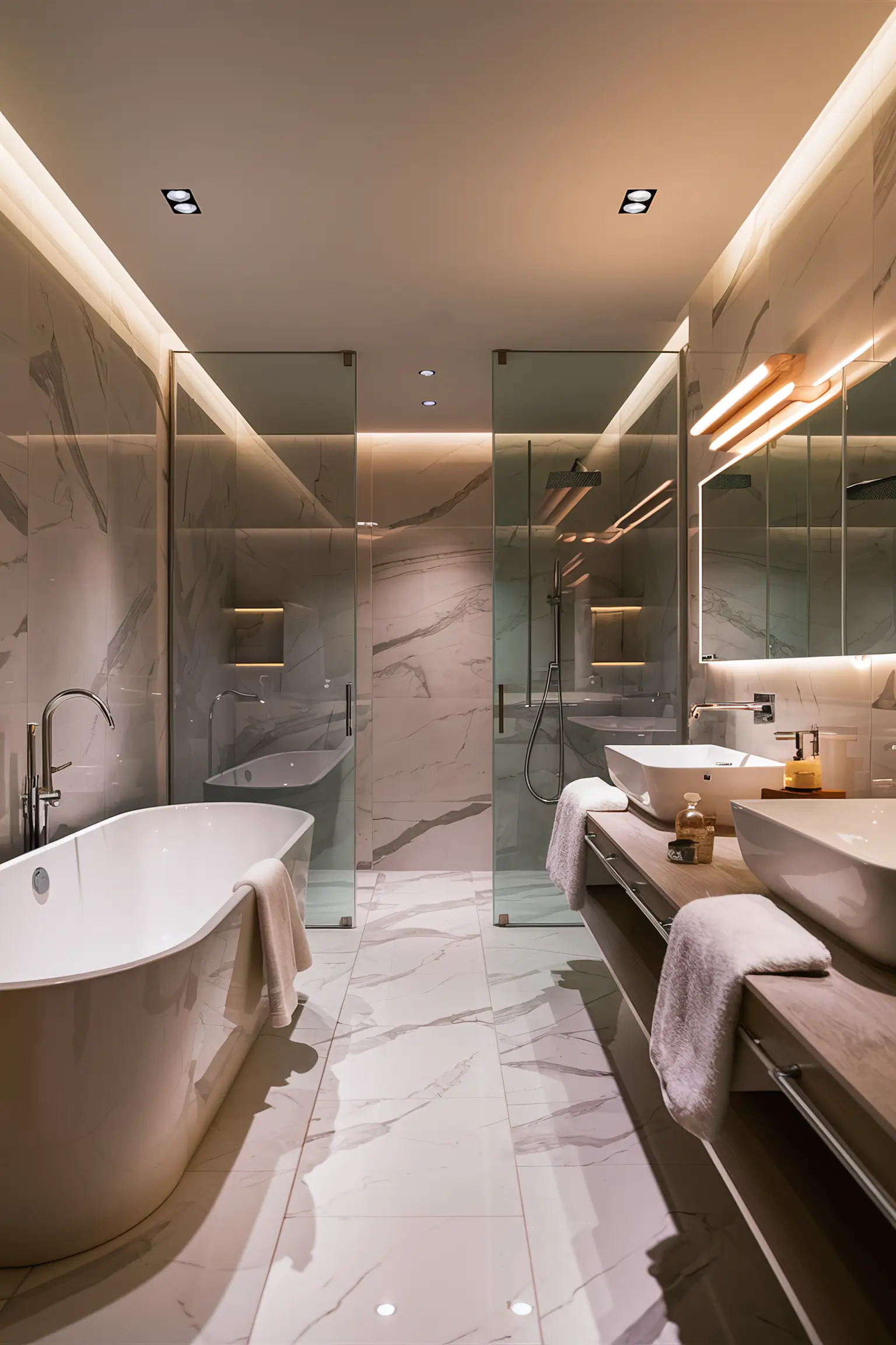 Modern bathroom with sleek lines and glass shower.