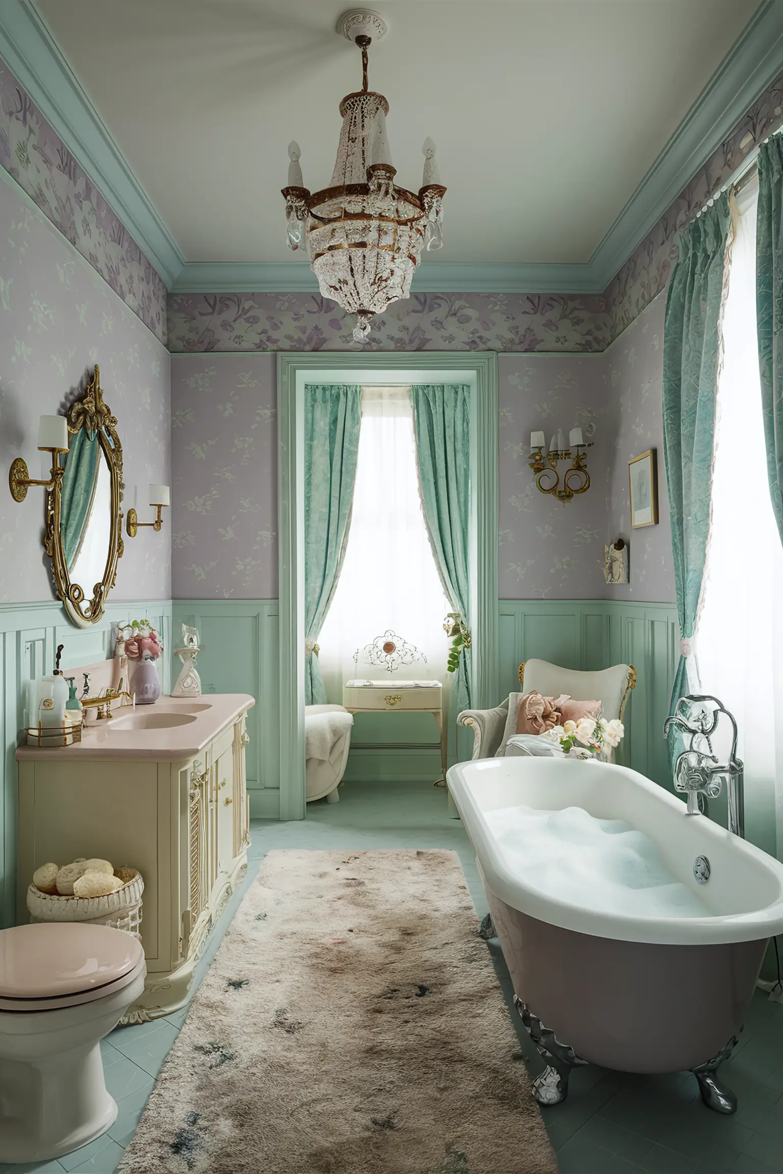 Aesthetic bathroom with soft pastel colors and elegant decor.