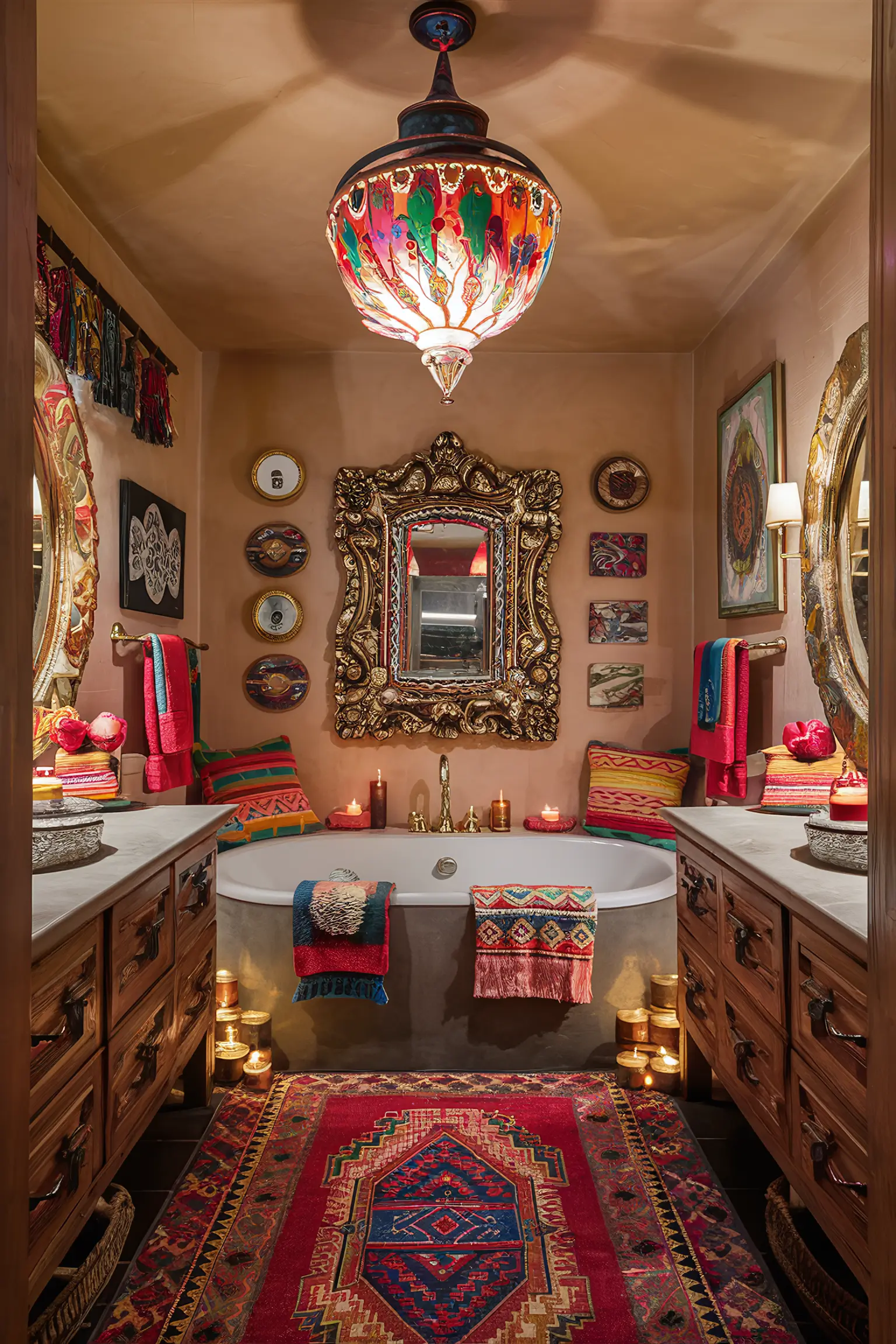 Boho bathroom with eclectic decor and vibrant colors.