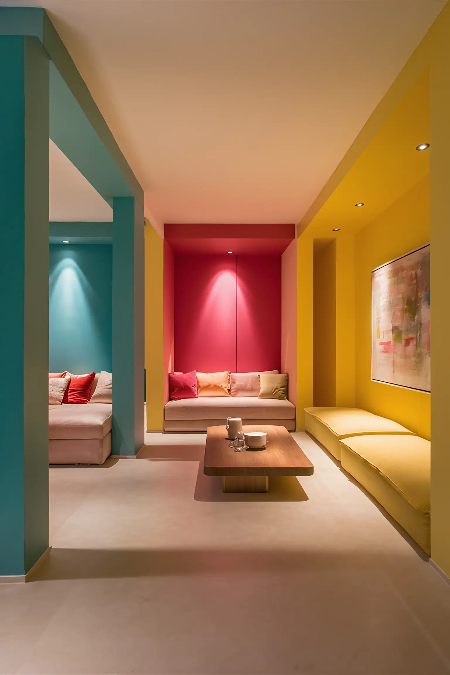 Minimalistic basement with vibrant color schemes and accent walls.