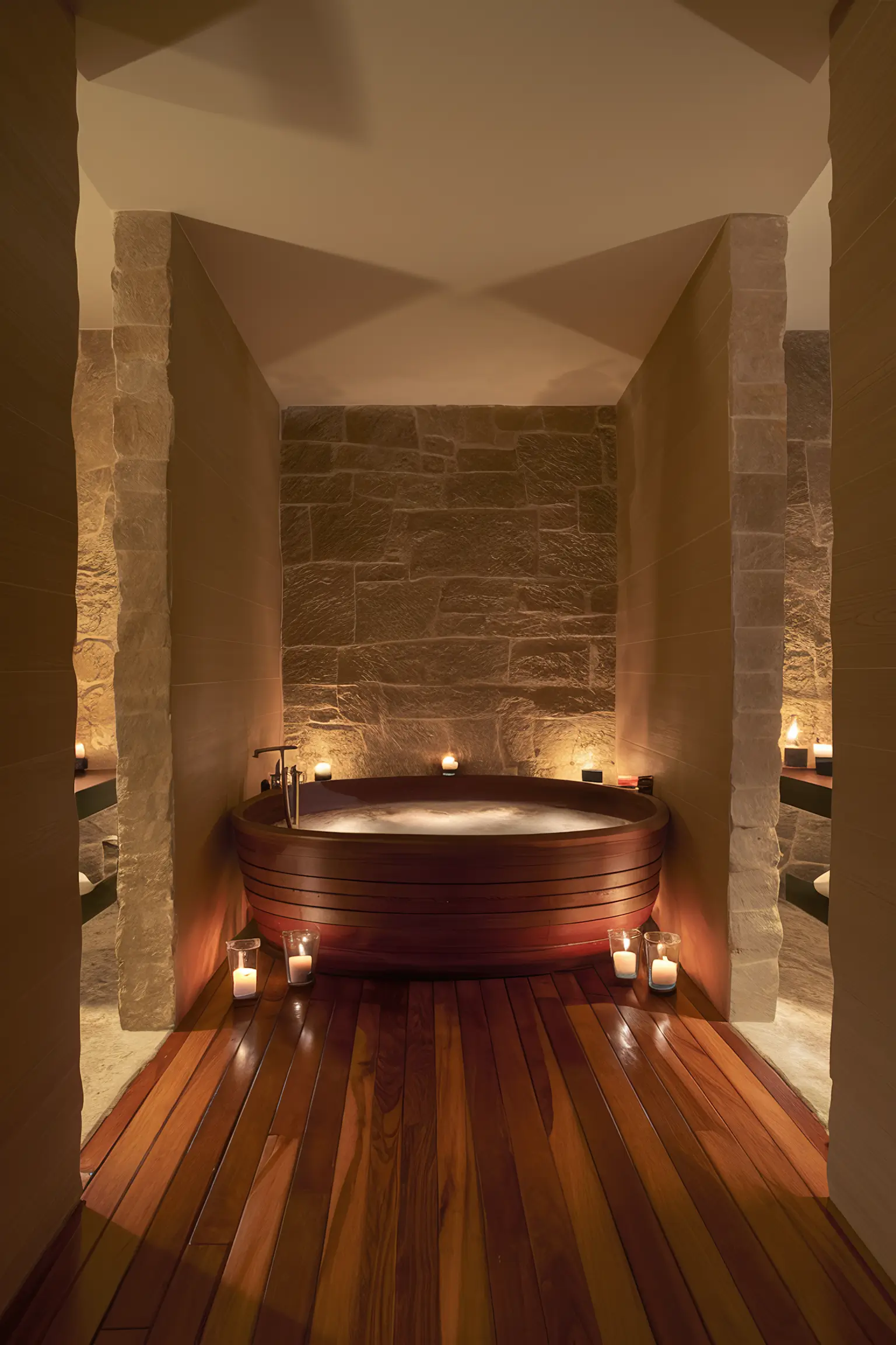 Bathroom with earthy tones and wooden accents.