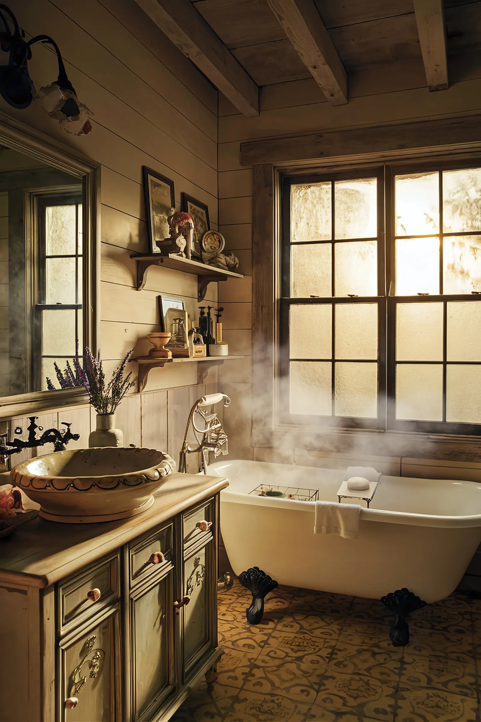 Farmhouse-style bathroom with shiplap walls and vintage fixtures.