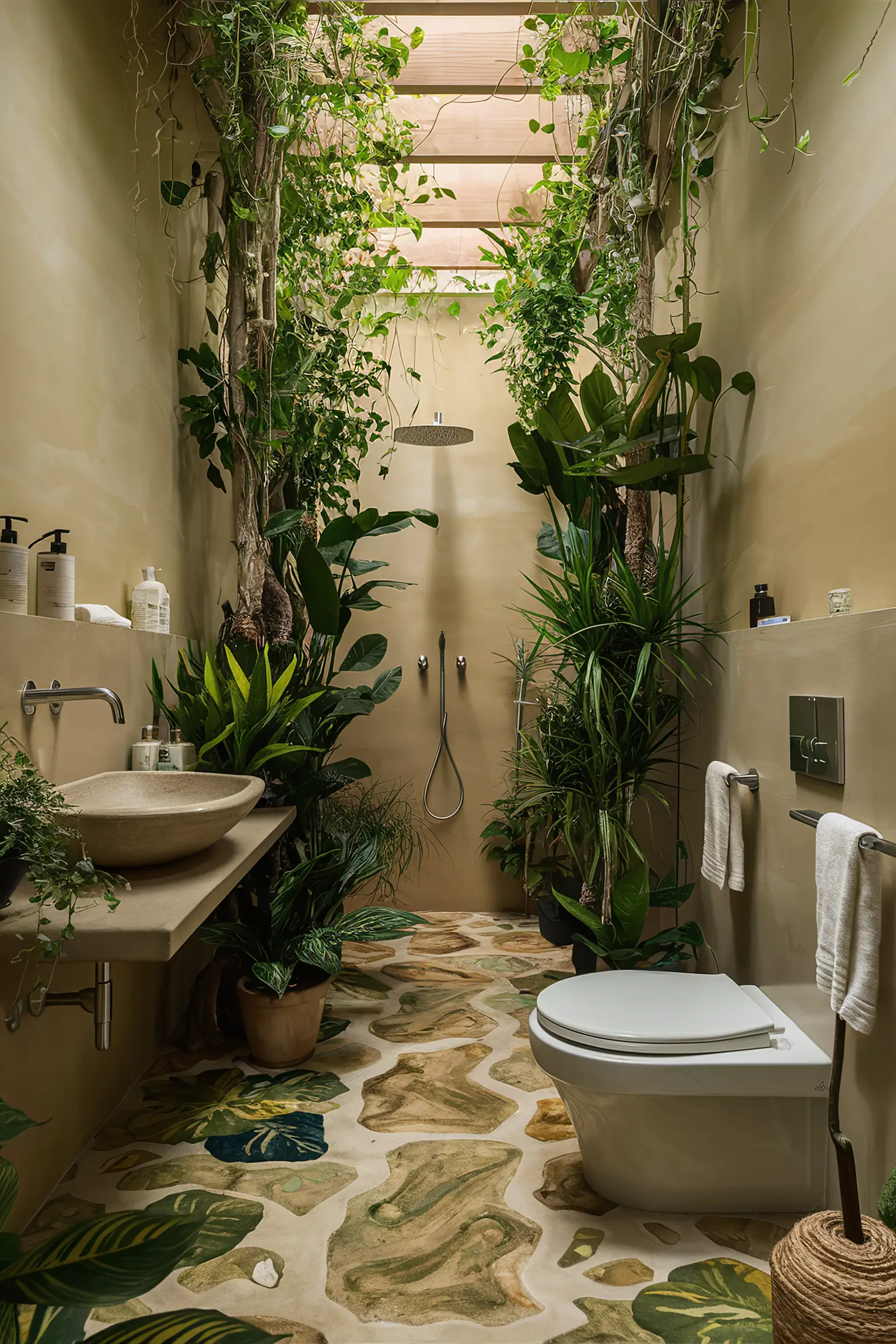 Eco-friendly bathroom with plants and natural colors.