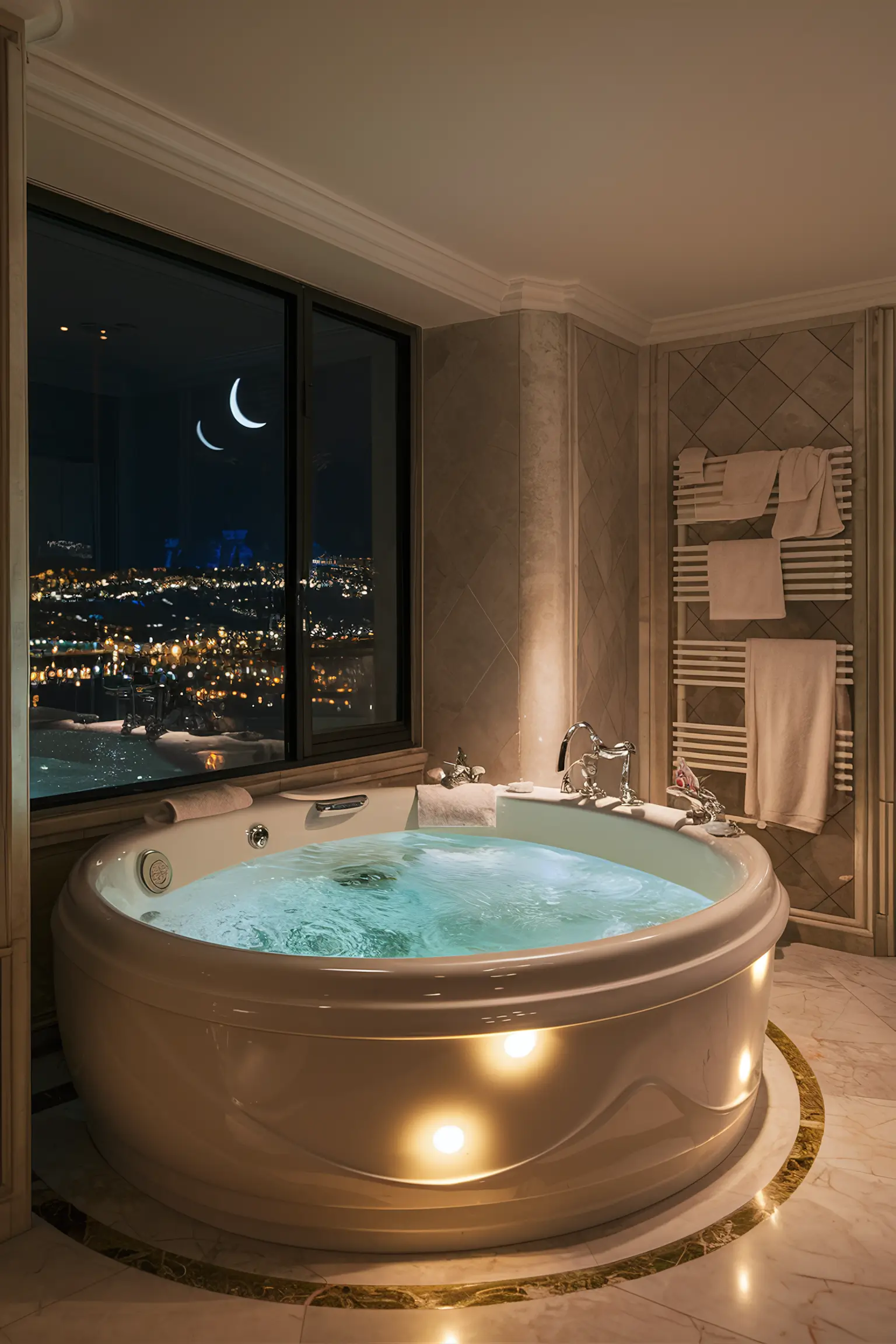 Bathroom with luxurious jacuzzi tub and soft lighting.
