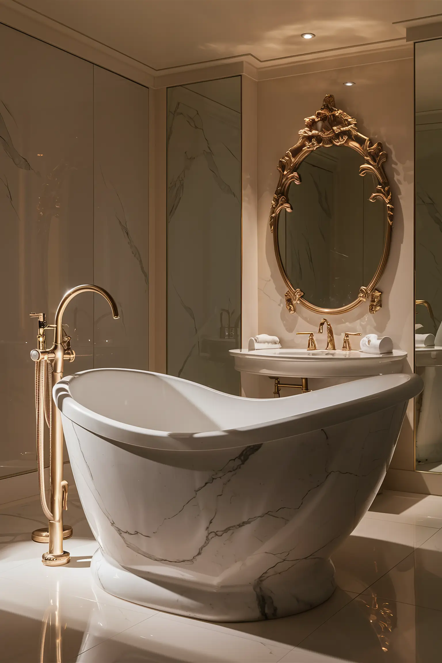 Bathroom with luxurious freestanding tub and elegant fixtures.