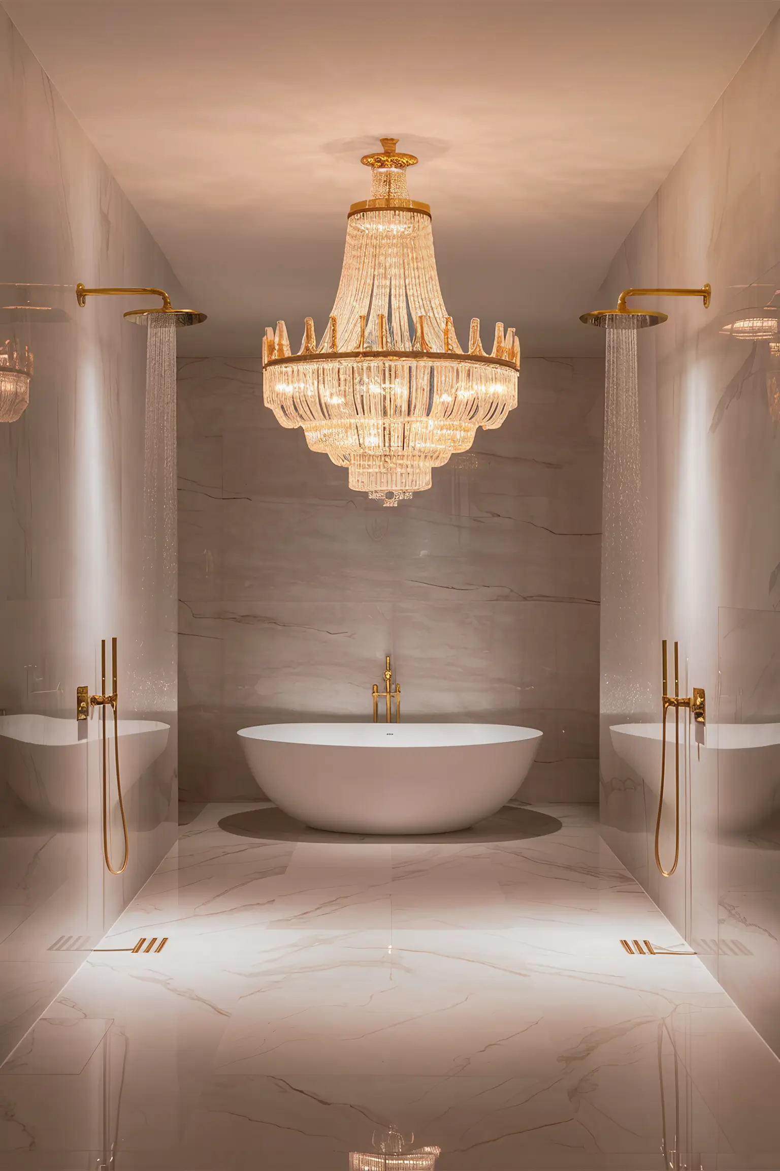 Luxurious bathroom with marble floors and gold fixtures.