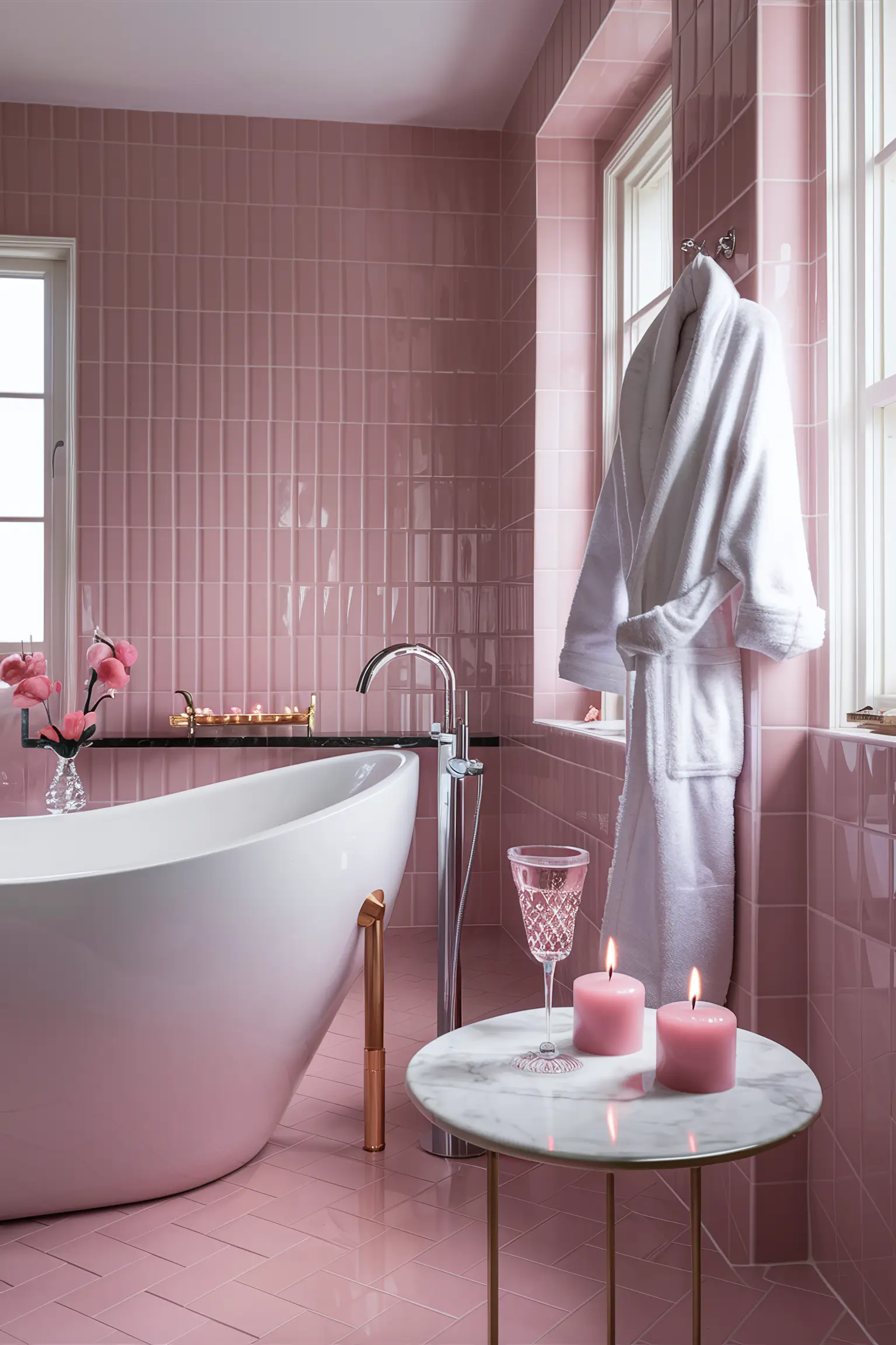 Pink bathroom with soft pink tiles and chic decor.