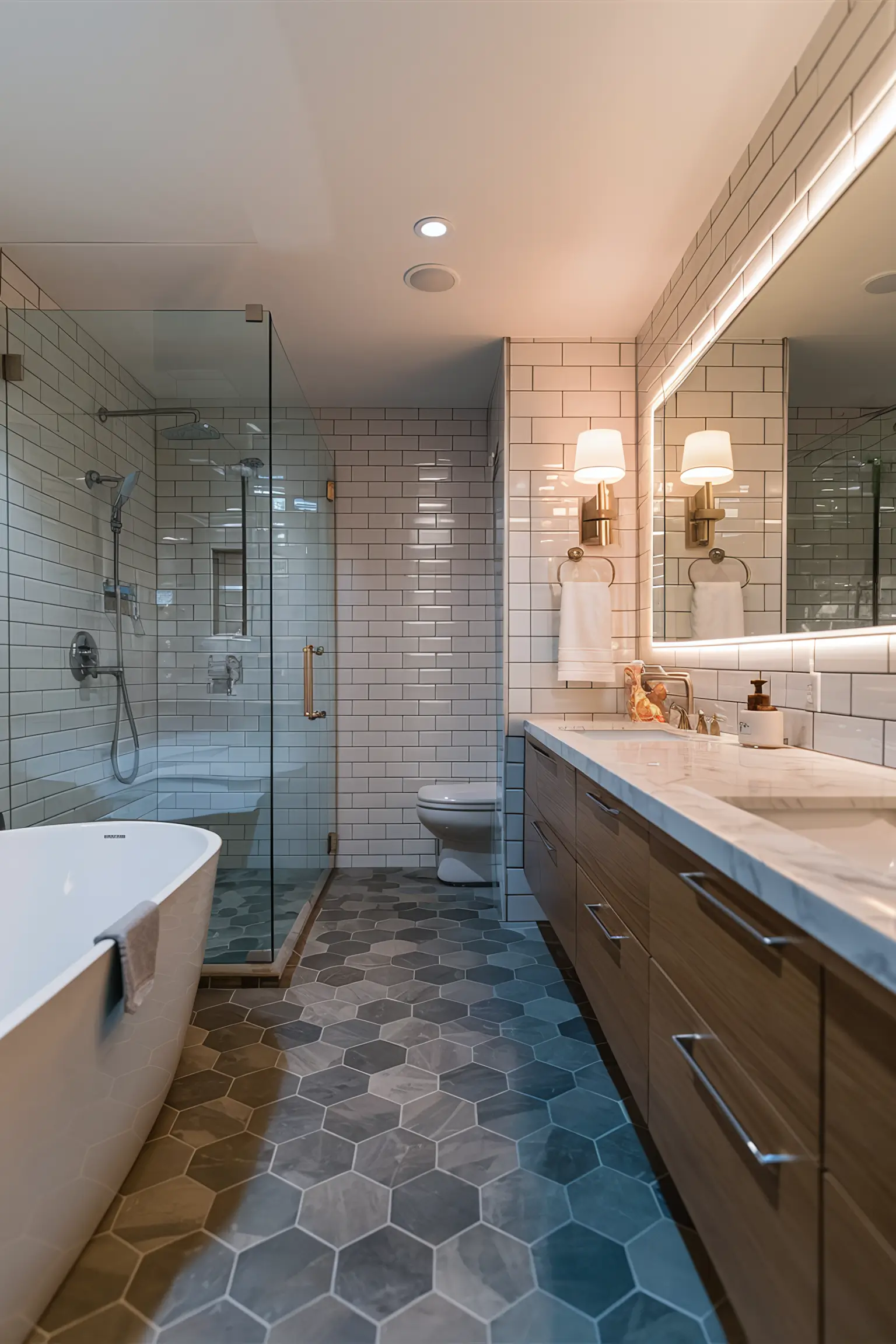 Remodeled bathroom with updated fixtures and new tiles.