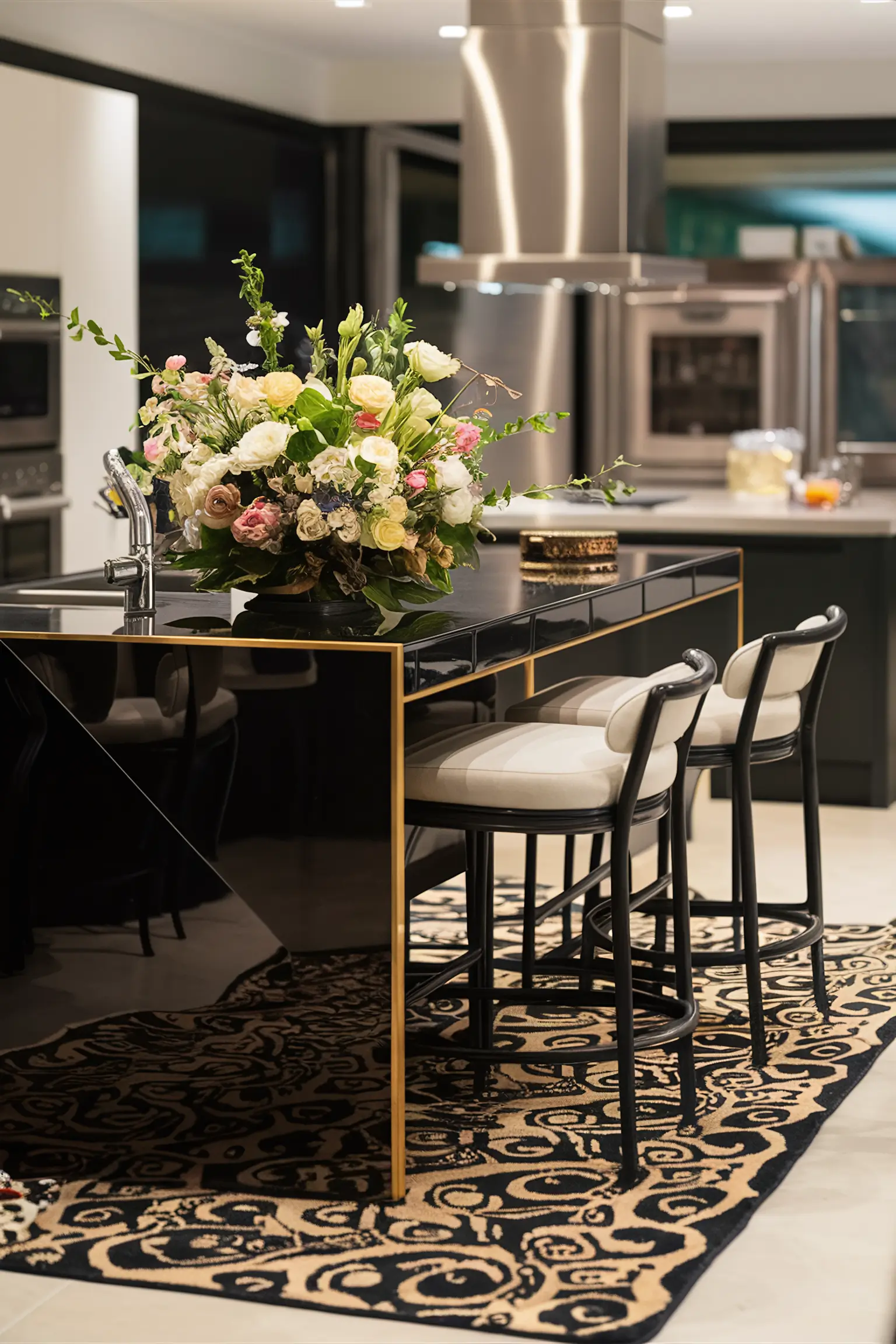 Black kitchen island beautifully decorated with chic accessories and fresh flowers.