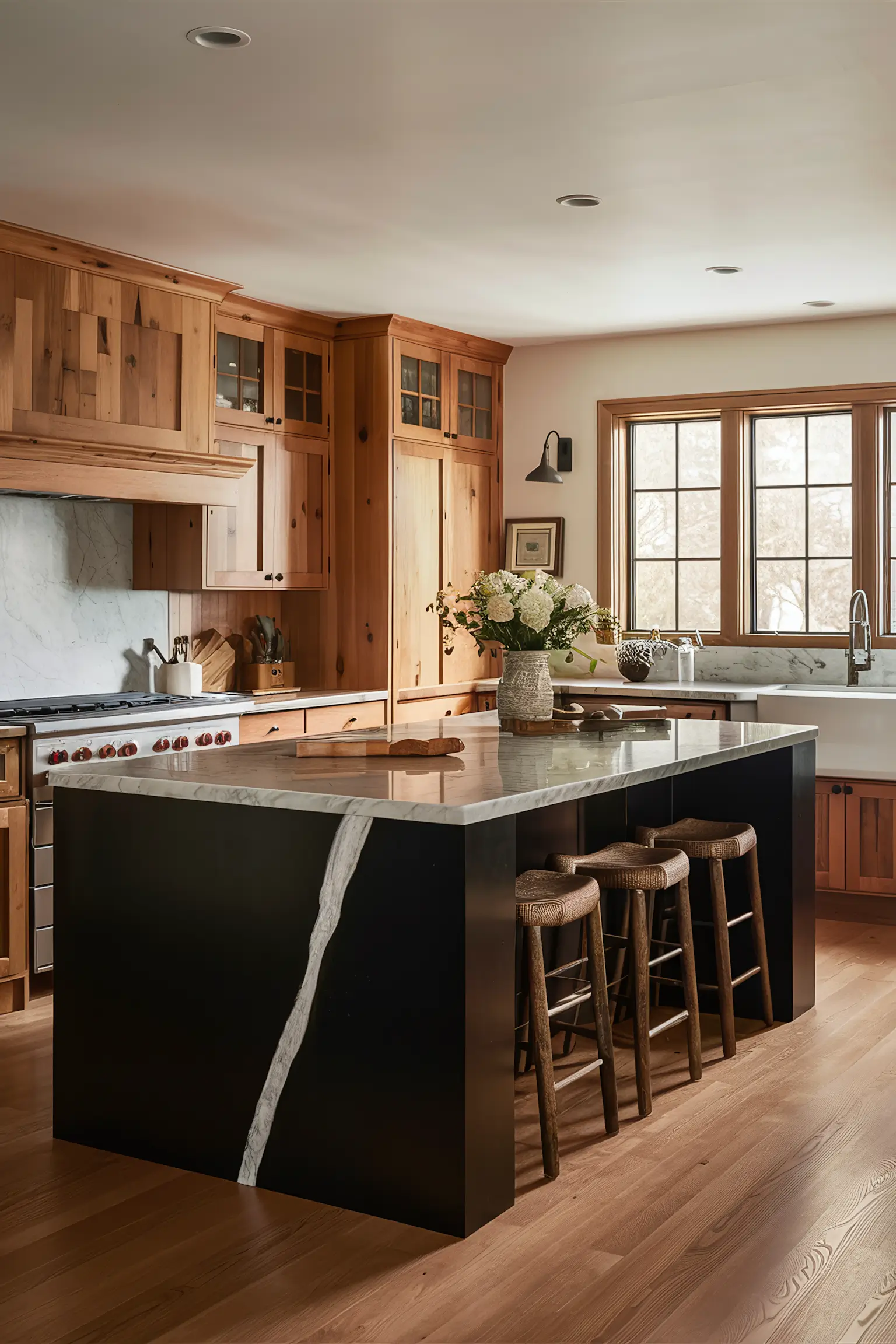Black kitchen island paired with natural wood cabinets in a cozy kitchen space.