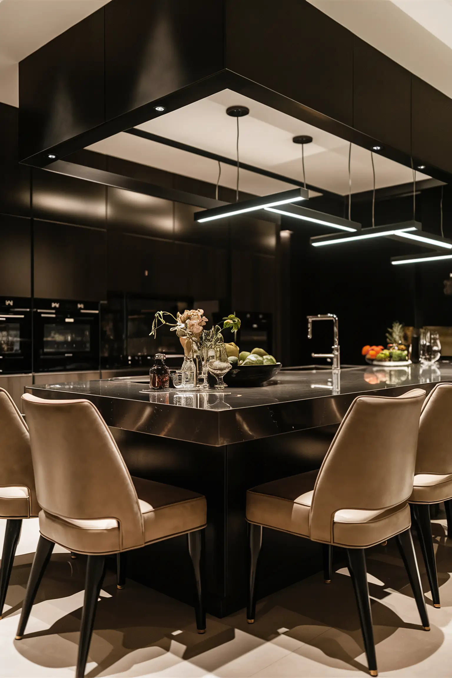 Black kitchen island with cozy and stylish chairs for comfortable seating.