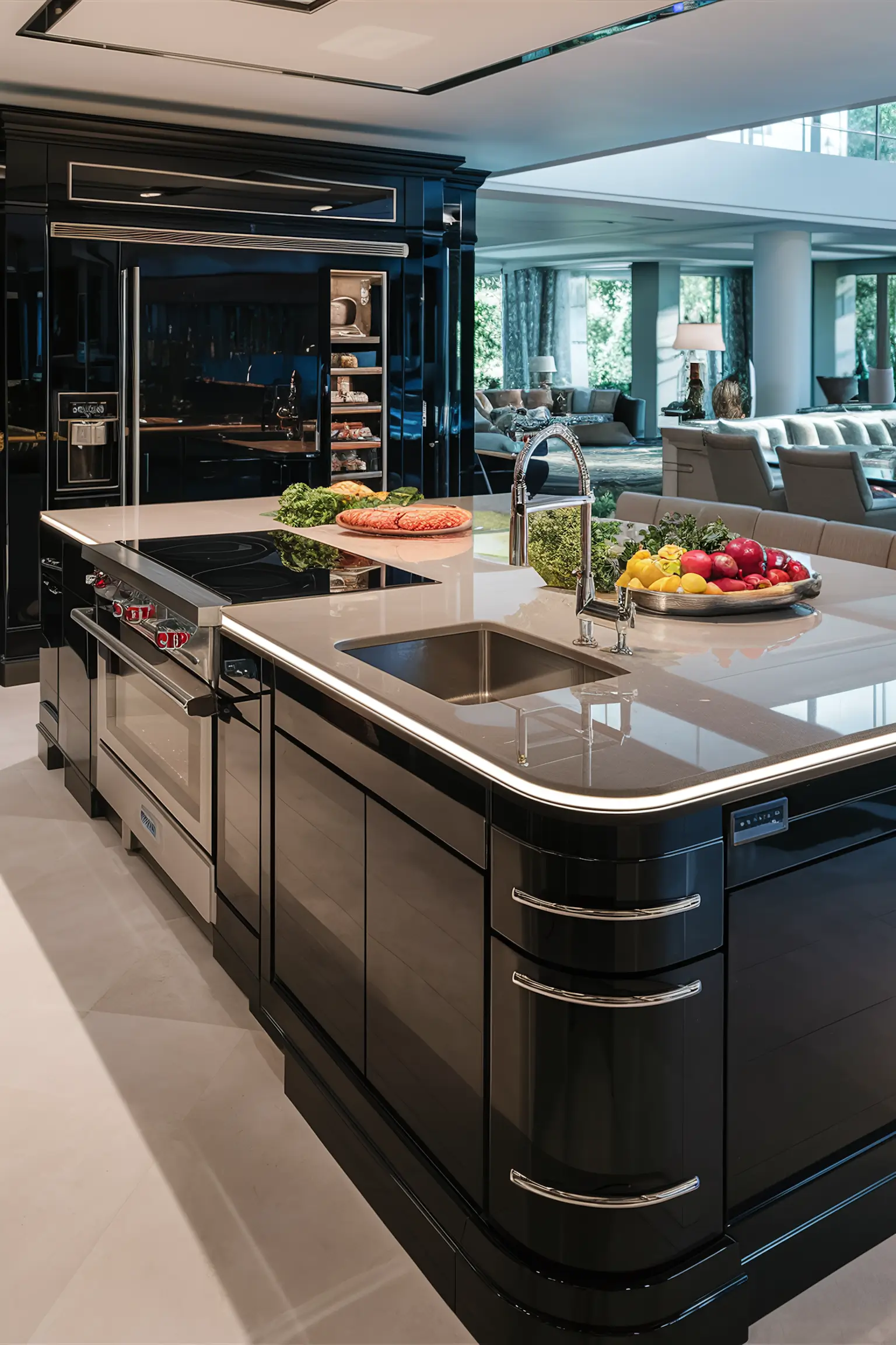 Luxurious black kitchen island with a gleaming quartz countertop.