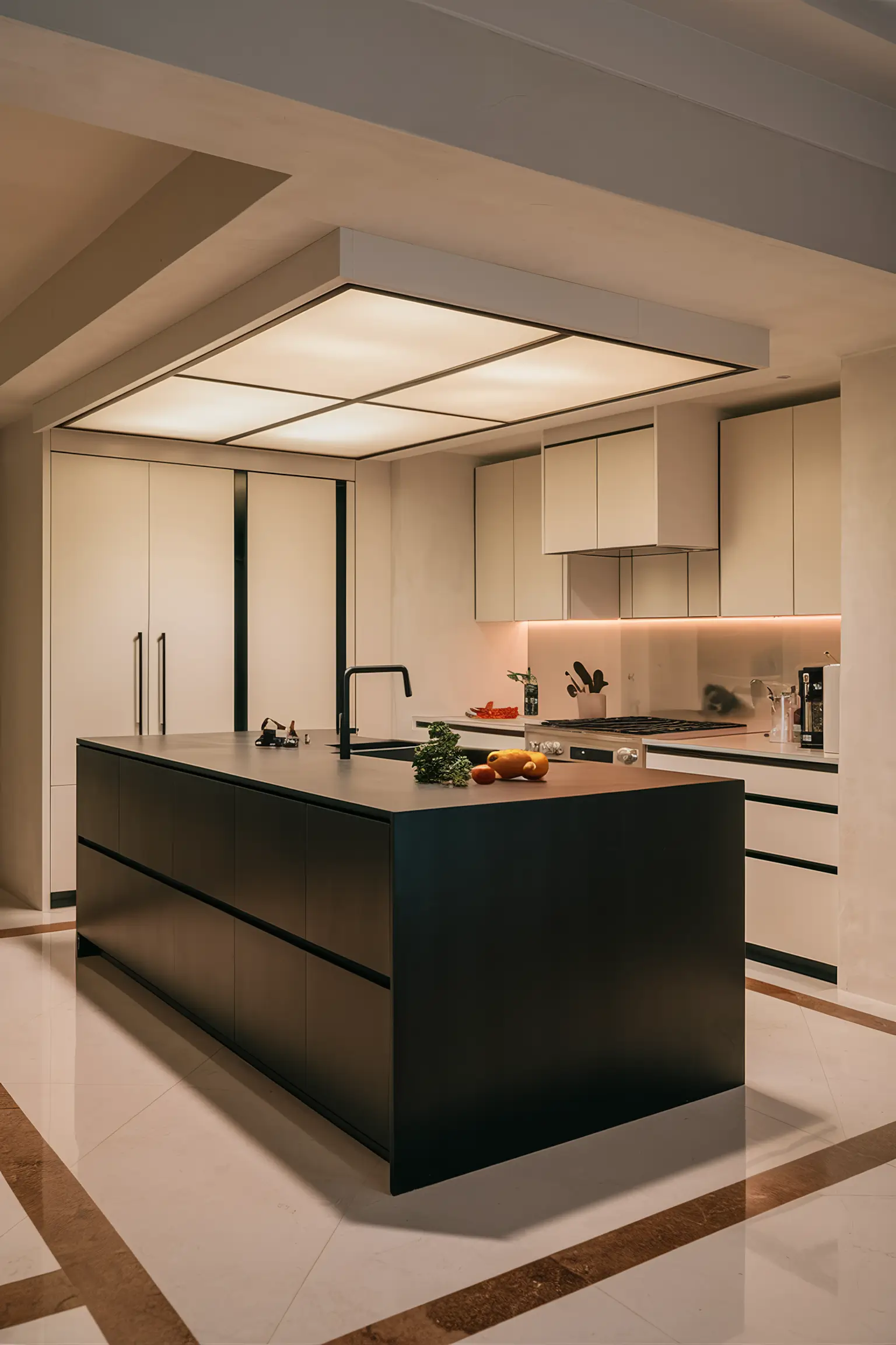Sleek black kitchen island with modern design elements and clean lines.