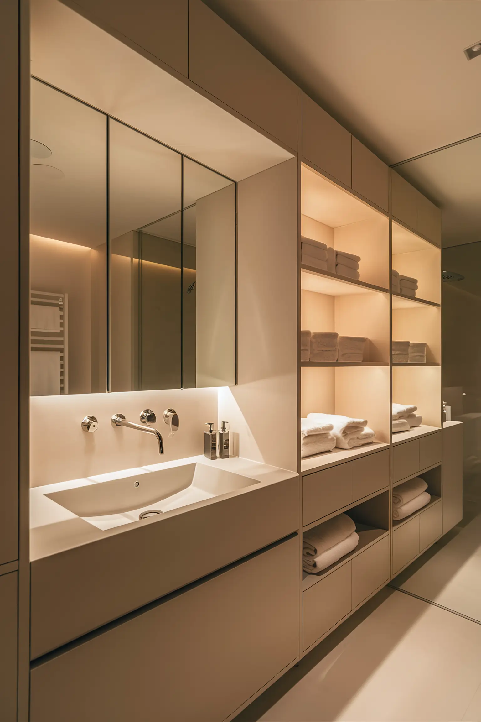 Functional bathroom with sink and built-in storage options.