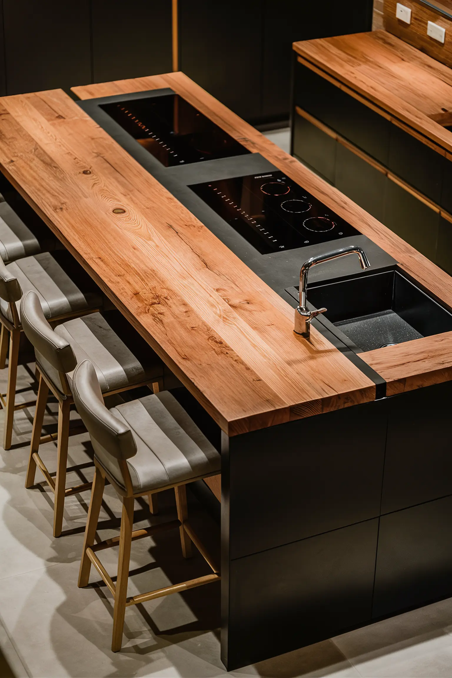 Black kitchen island with a rustic butcher block countertop.