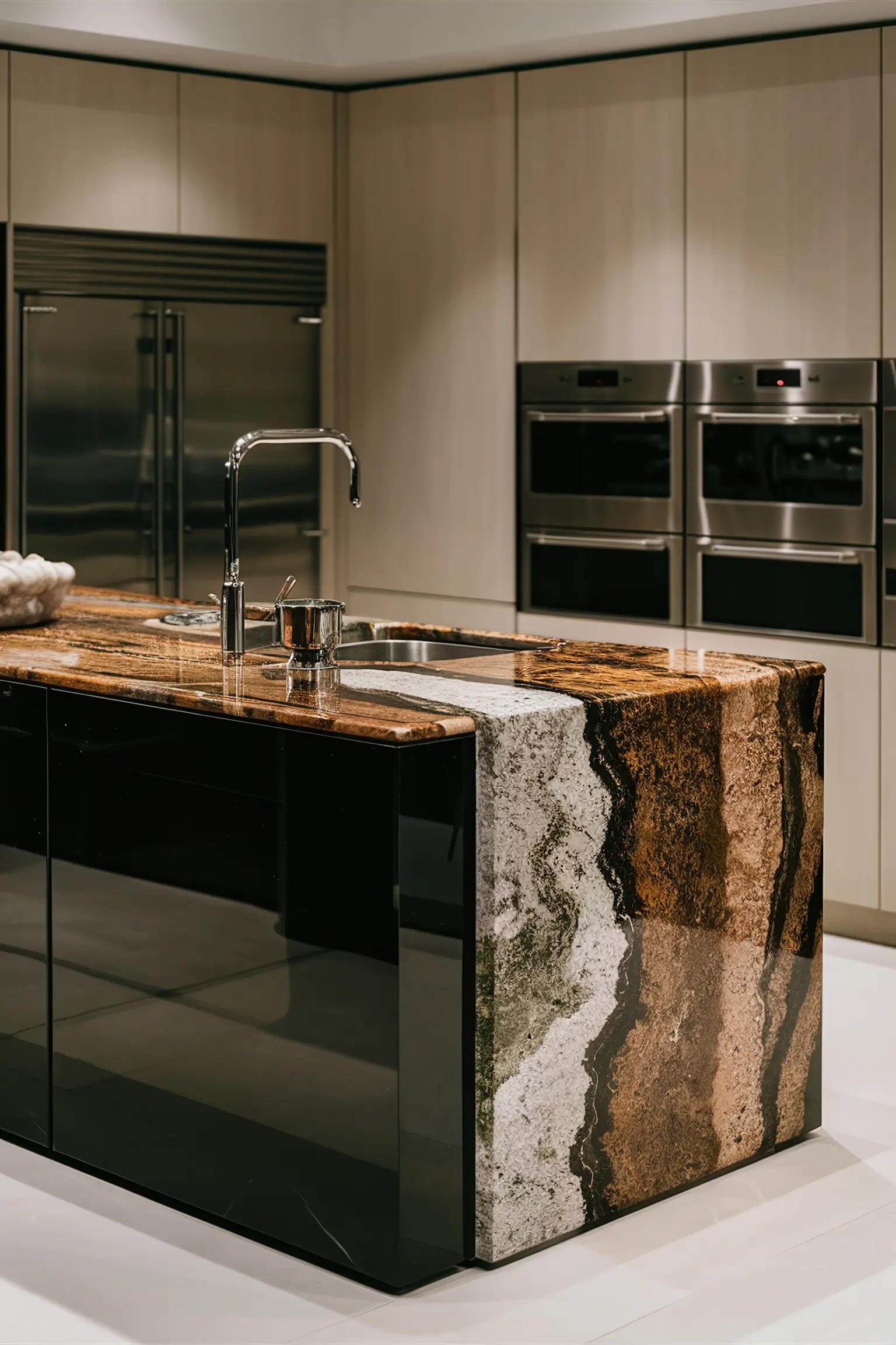 Black kitchen island with luxurious quartz, granite, and marble countertops.