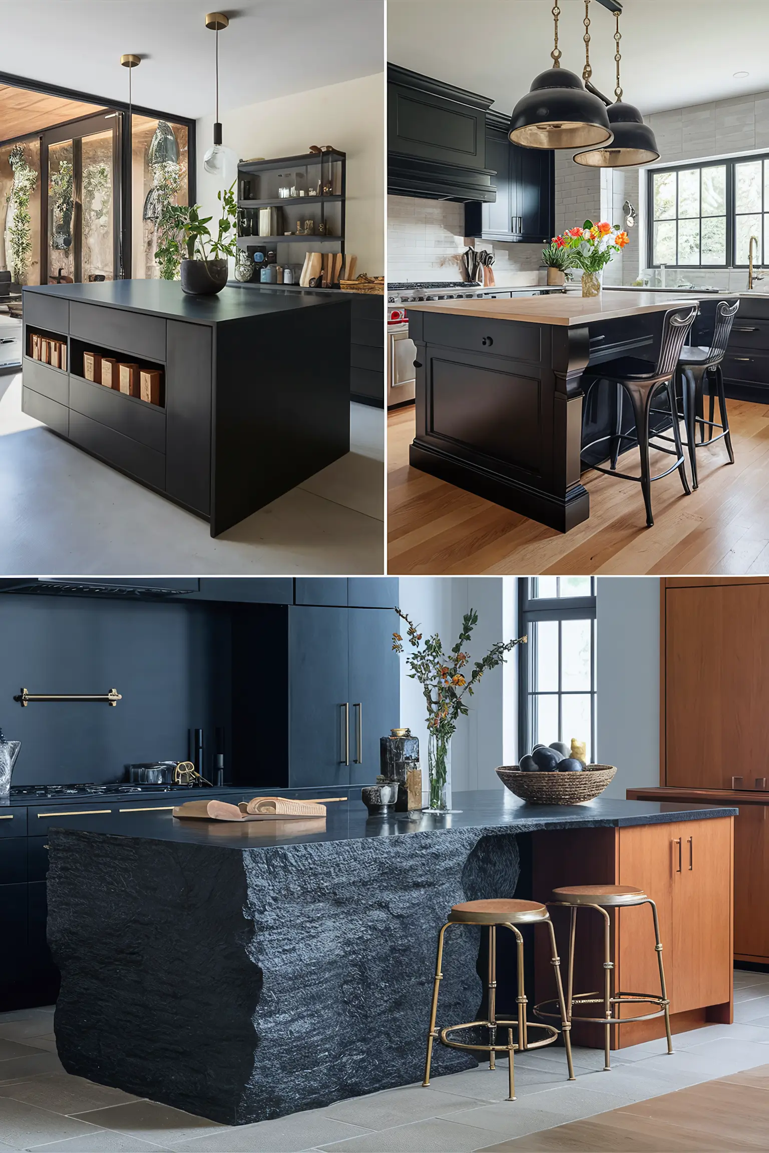 Collage of black kitchen island designs featuring various styles and materials.