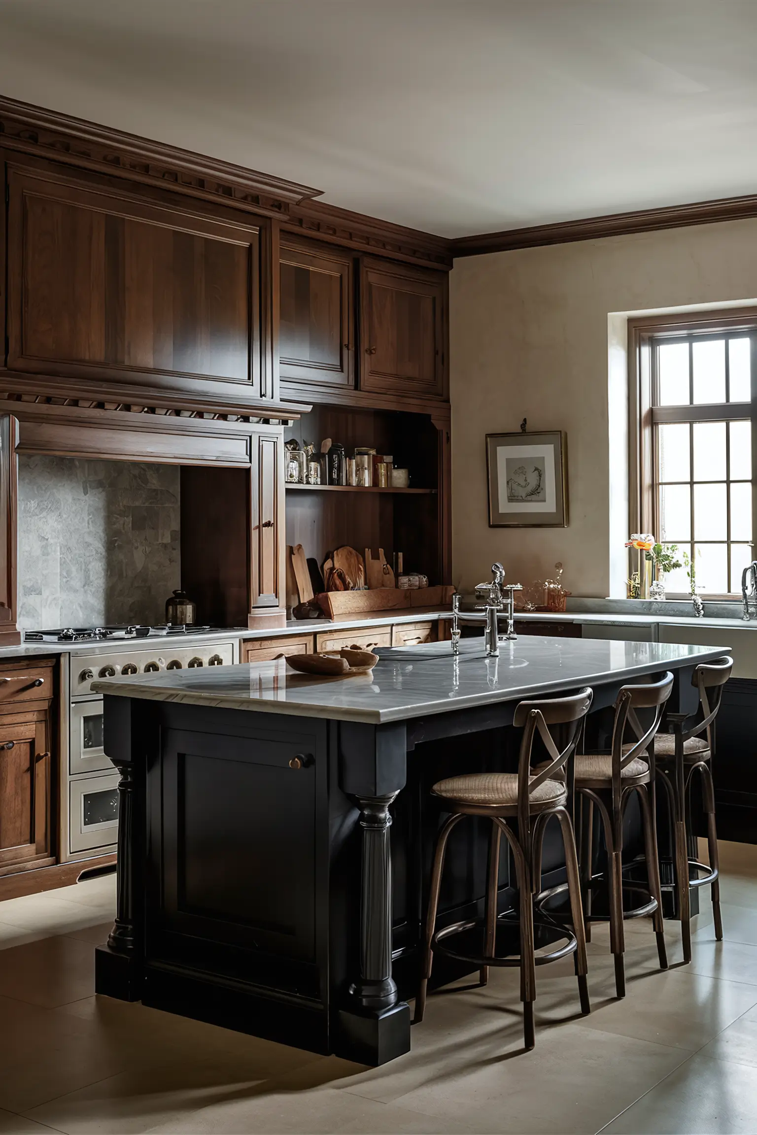 Black kitchen island paired with rich oak cabinets in a classic and timeless kitchen.