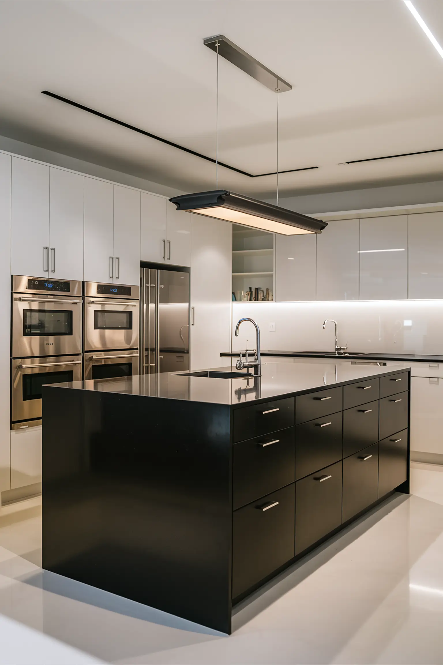 Black kitchen island with white cabinets in a modern kitchen.