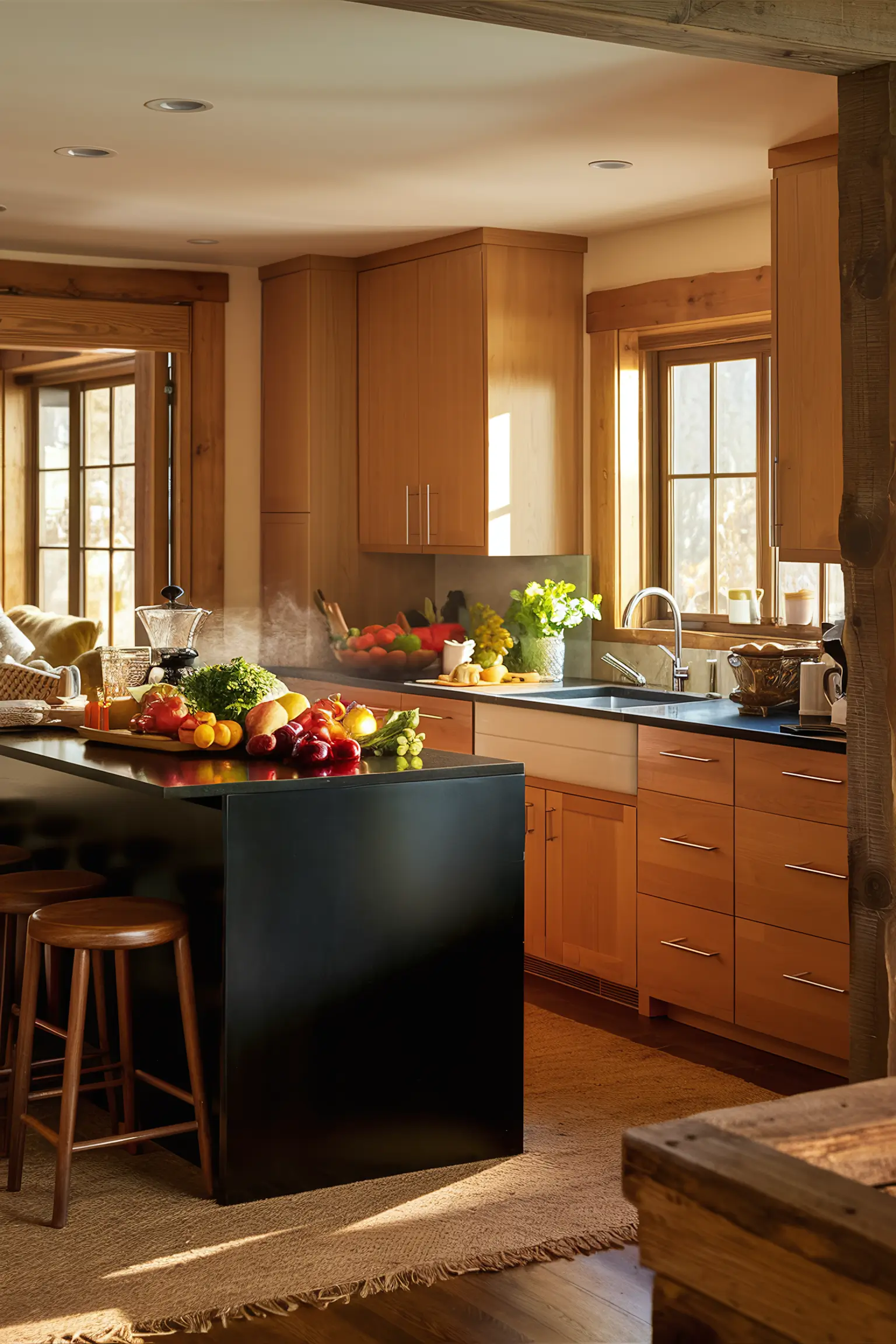 Black kitchen island with natural wood cabinets in a warm and inviting kitchen.