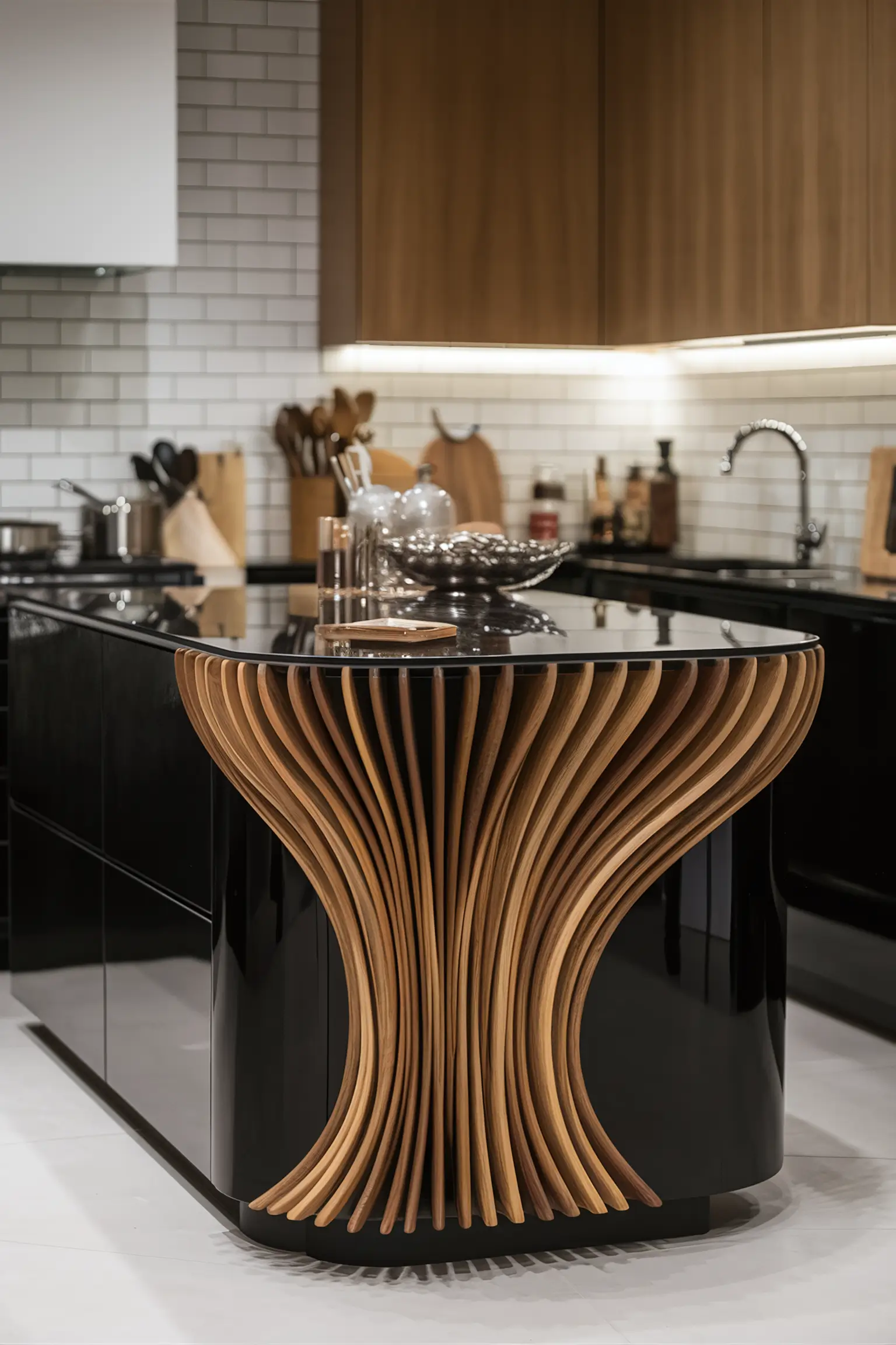 Black kitchen island with stylish wood slats adding texture and depth.