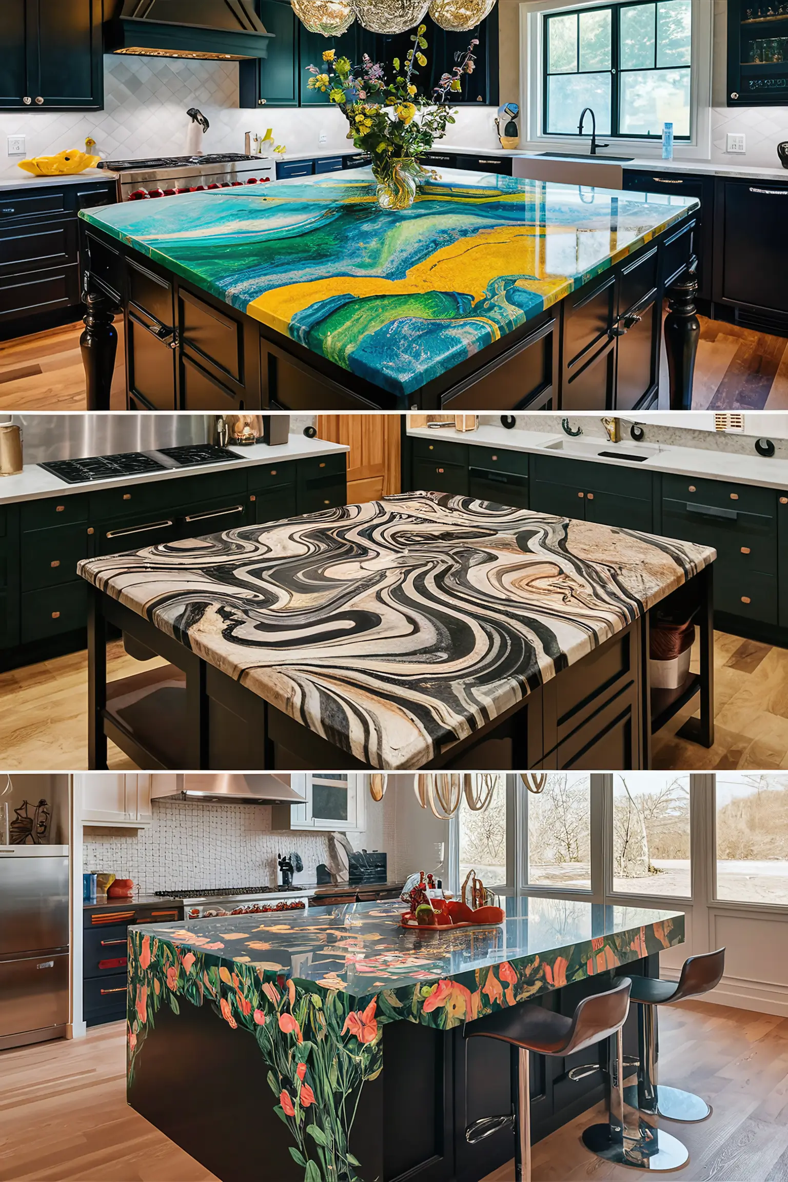 Black kitchen island with bold and unique countertop designs in colorful quartz and patterned granite.
