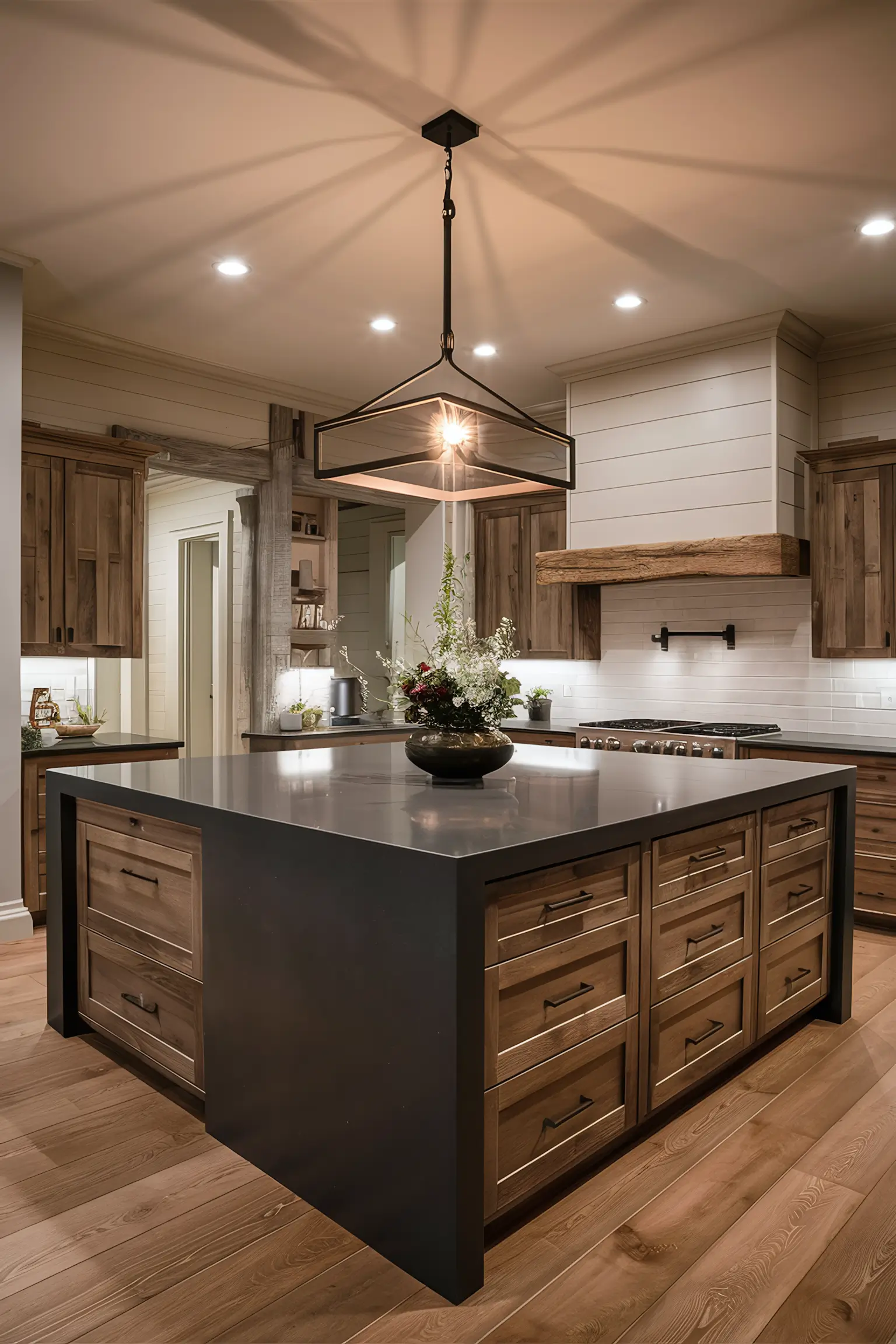 Black kitchen island with farmhouse style elements like shiplap and rustic wood.