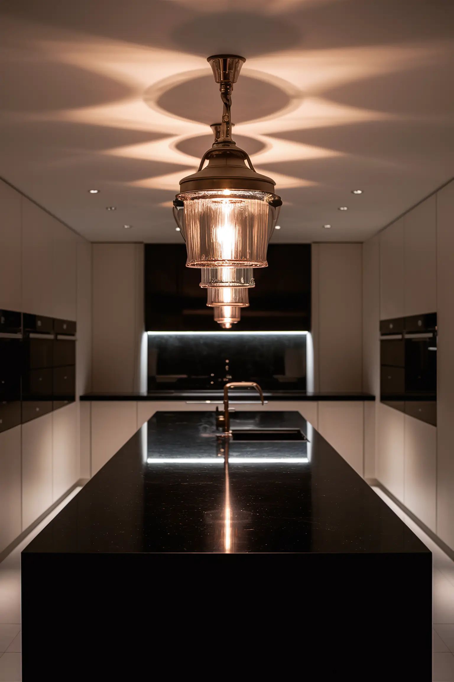 Black kitchen island illuminated by gorgeous pendant lights with metallic and glass elements.