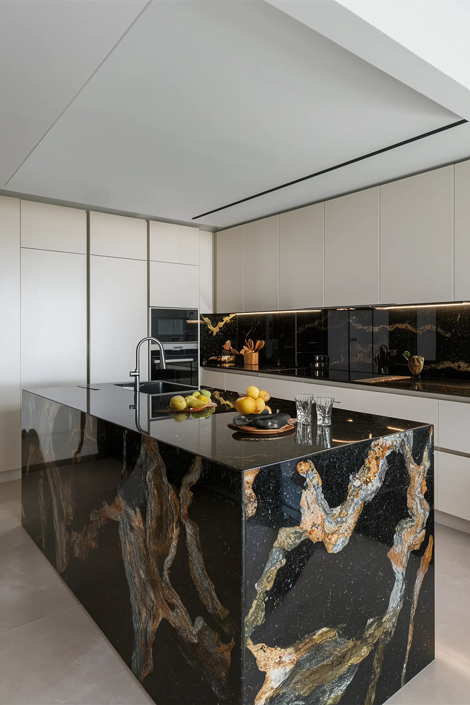 Black kitchen island with a stunning granite countertop in a modern kitchen.