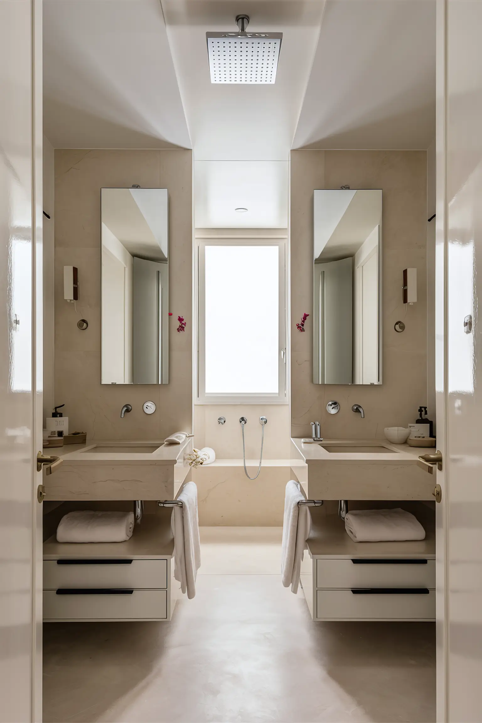 Stylish bathroom with his and hers sinks and dual mirrors.