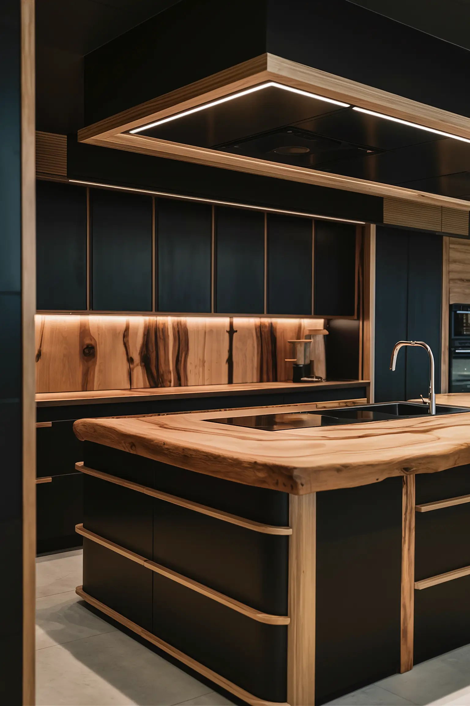 Japandi-inspired black kitchen island with clean lines and natural wood accents.