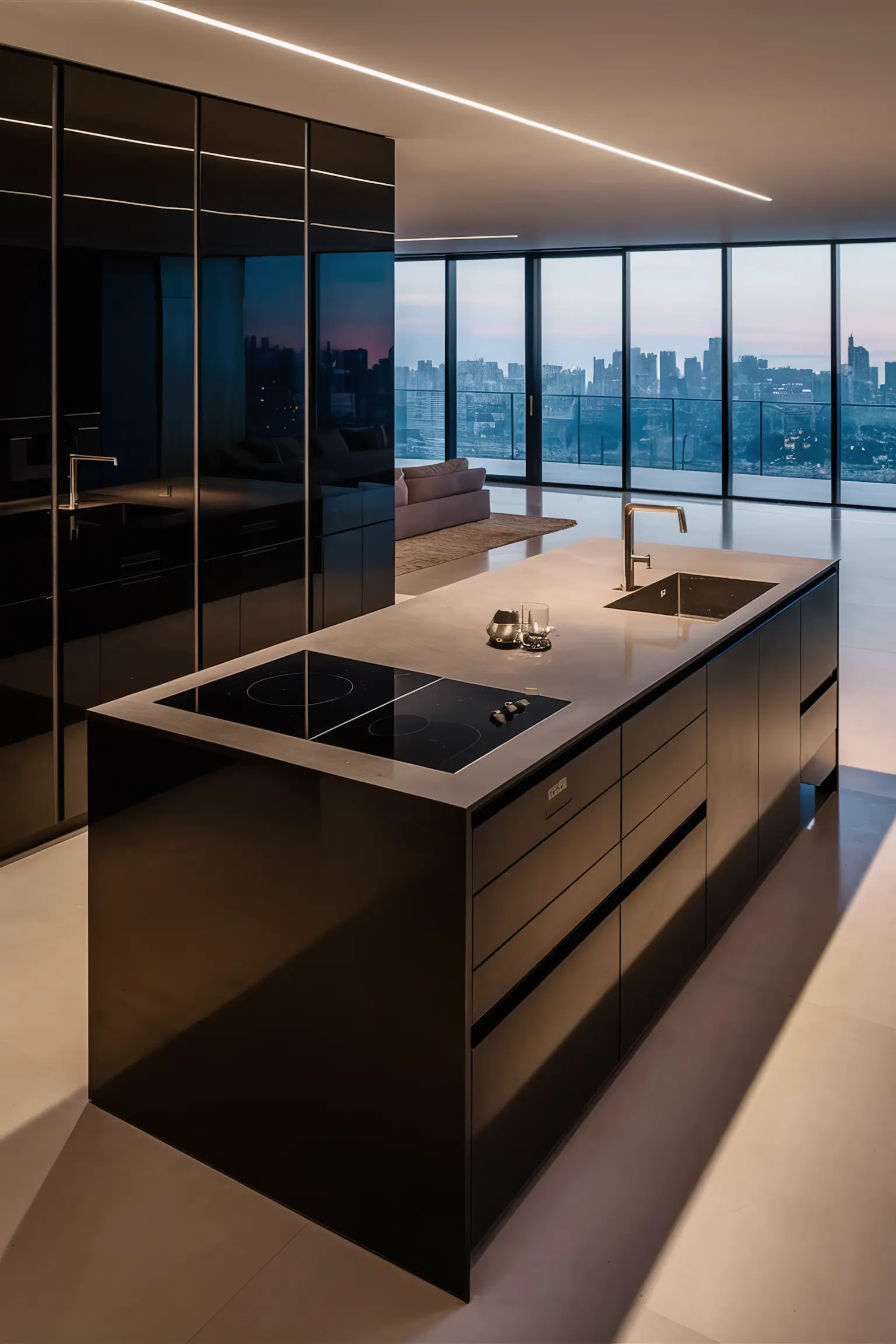 Sleek and modern black kitchen island with minimalist design features.