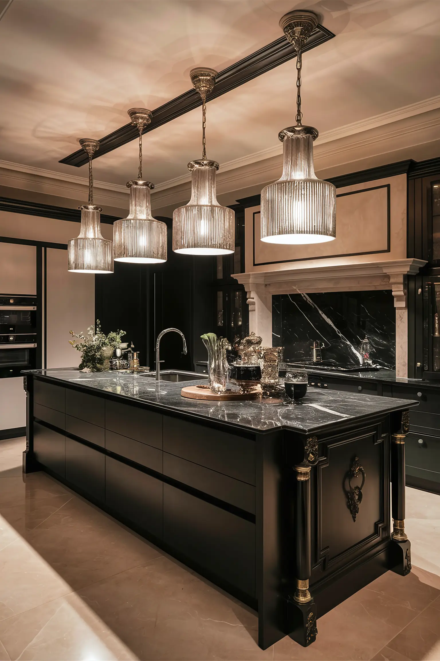 Black kitchen island with elegant pendant lights in modern and classic designs.