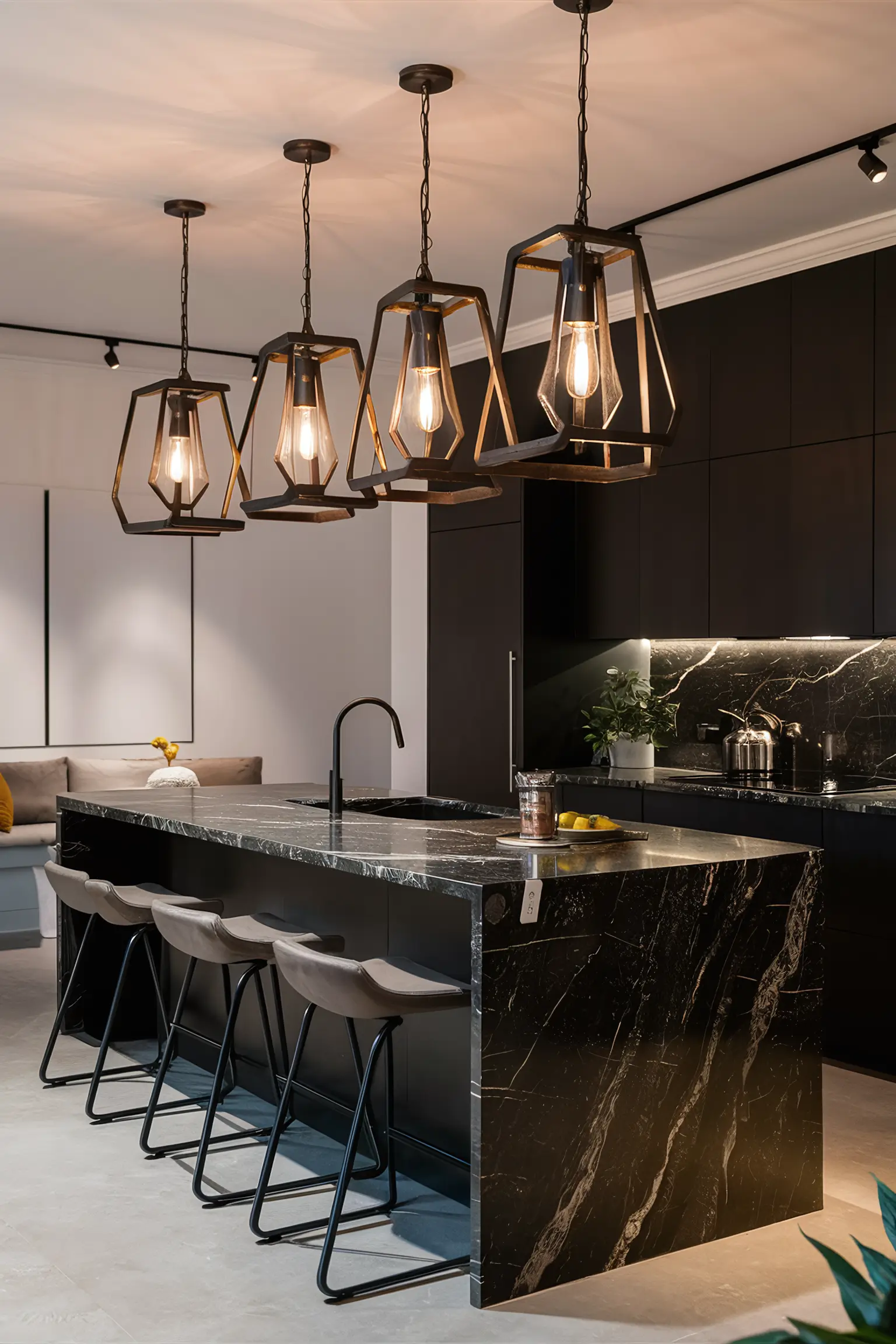Black kitchen island with stylish contemporary lighting fixtures.
