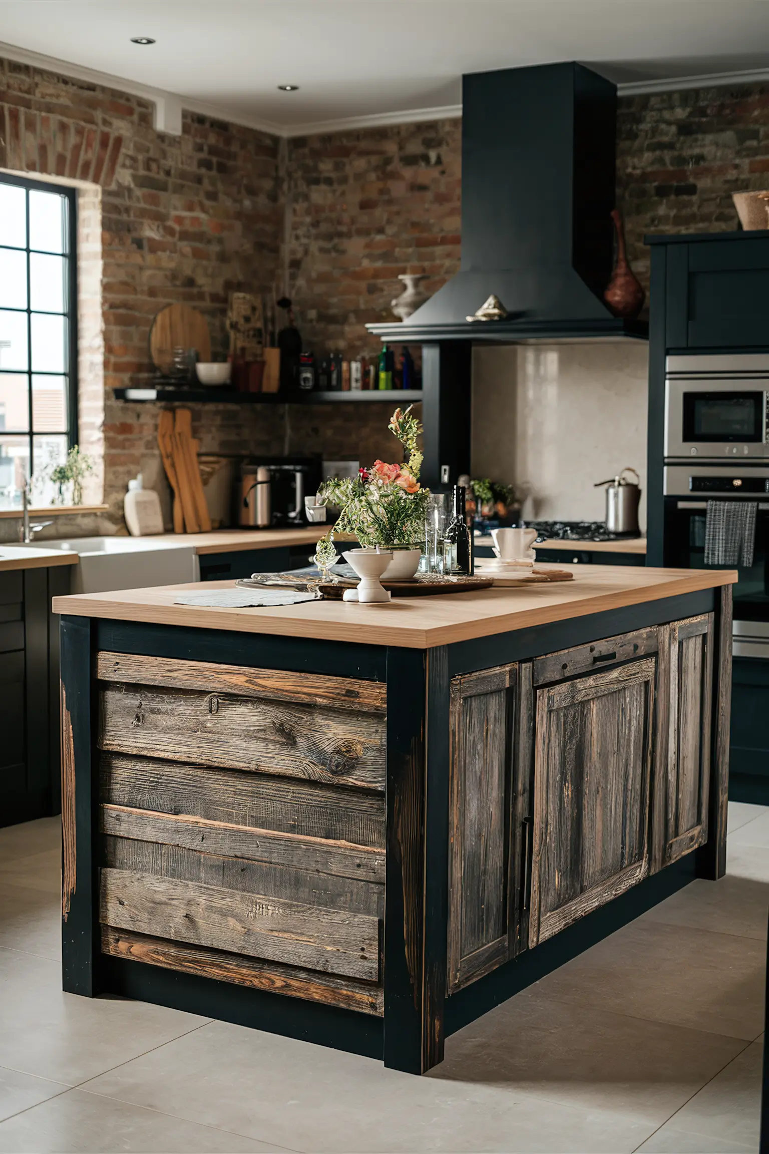 Black kitchen island with rustic design elements like distressed wood and exposed brick.