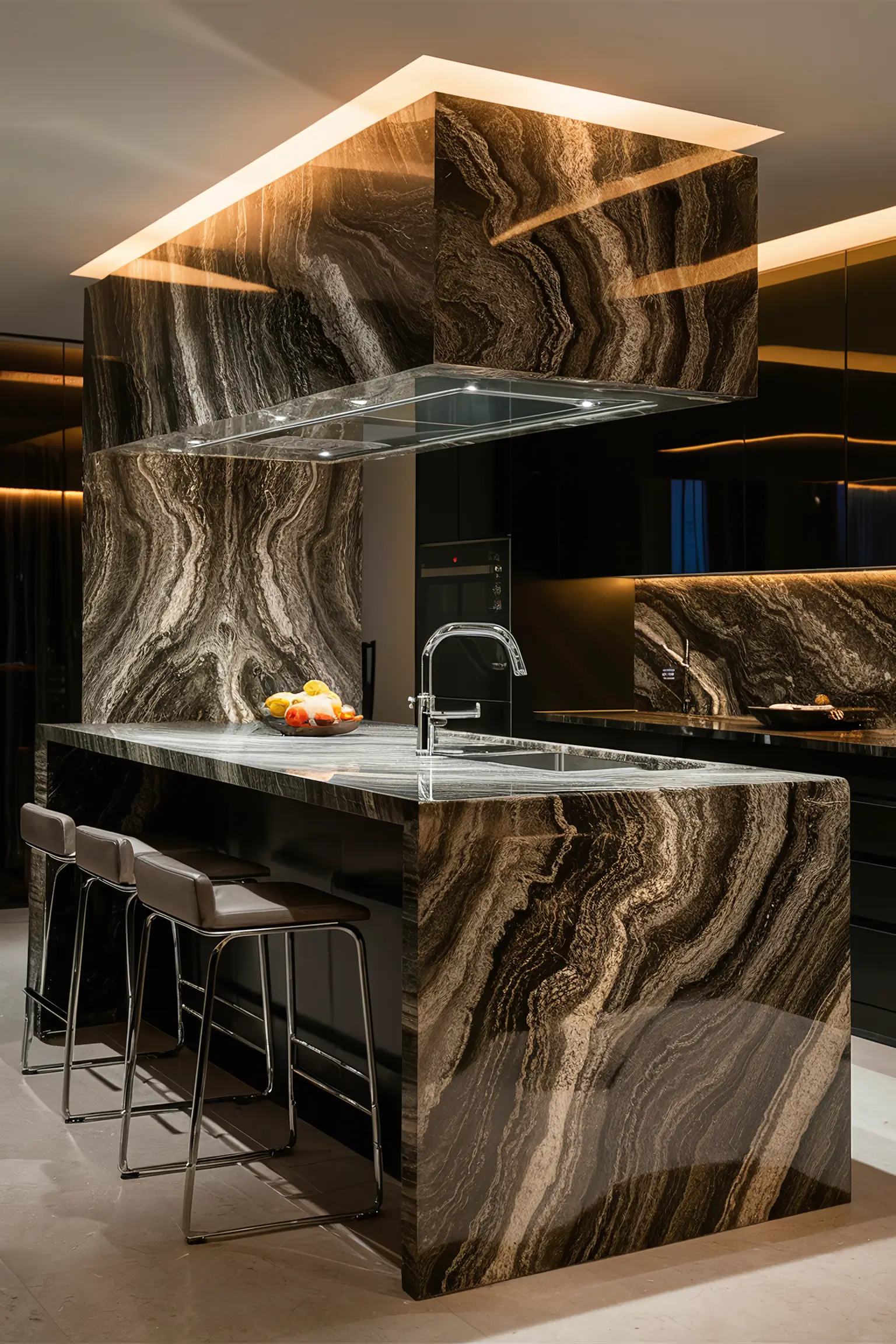 Sleek black kitchen island with a luxurious marble countertop.