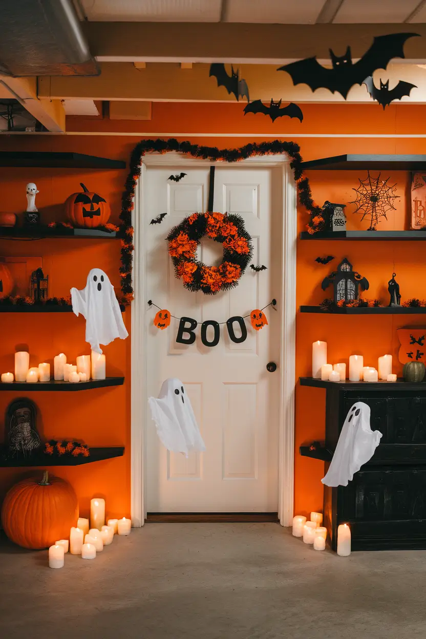 Basement decorated with black and orange Halloween decor, floating ghosts, candles, and bats.
