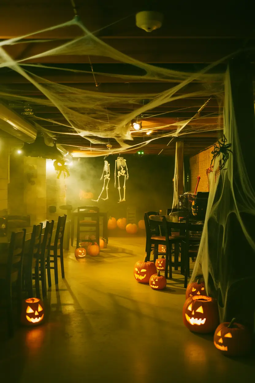 Dimly lit basement decorated for a Halloween party with spider webs, pumpkins, fog, and skeletons.