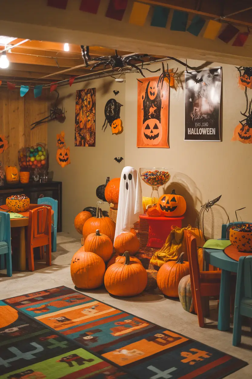 Kid-friendly basement Halloween party with colorful pumpkins, ghosts, spiders, and candy bowls.