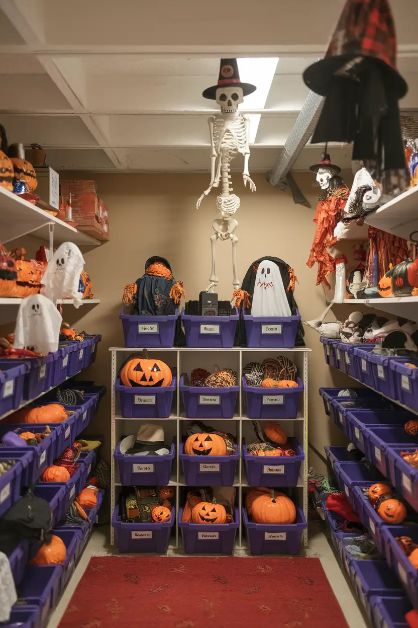 Neatly organized basement storage area for Halloween decorations with labeled bins and hanging skeletons.