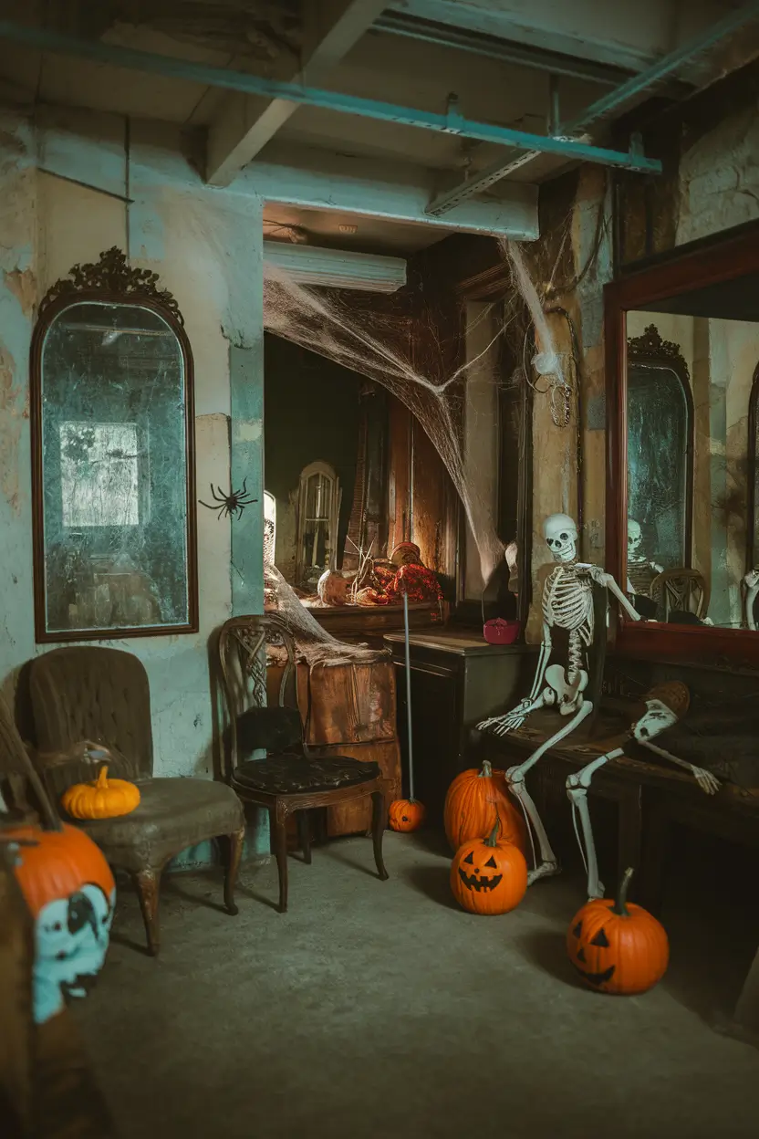 Dark basement with creepy Halloween decor, old mirrors, and antique furniture