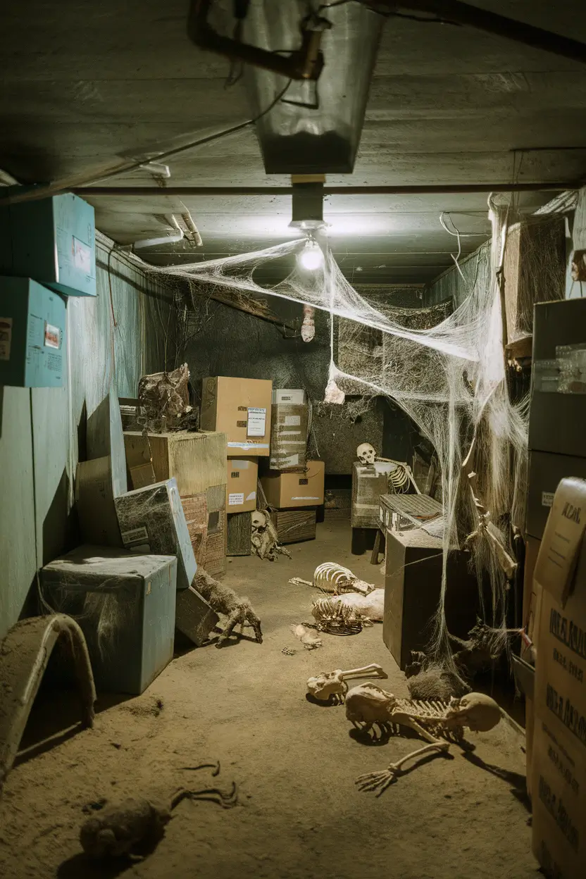 Creepy crawl space in a basement with skeletons, dusty boxes, cobwebs, and critters.