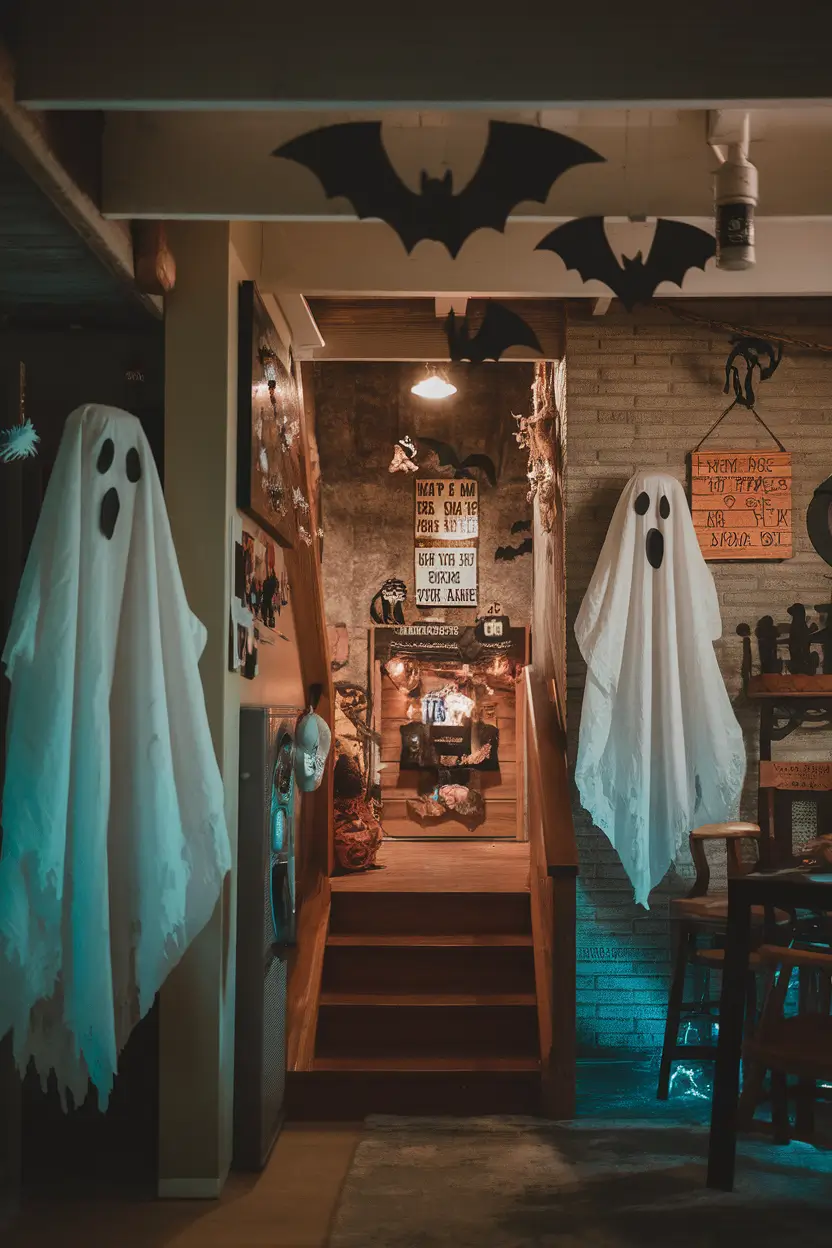 DIY Halloween decorations including ghosts, signs, and paper bats in a basement.