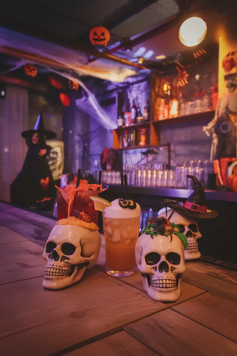 Halloween-themed basement bar with spooky cocktails, eerie lighting, and skull glasses.