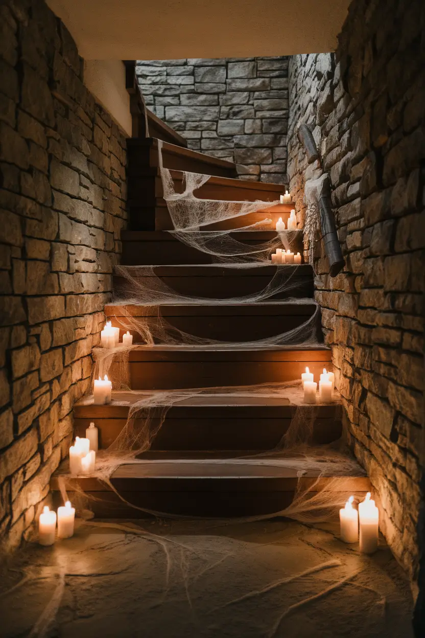 Spooky basement stairs decorated with candles and cobwebs for Halloween.